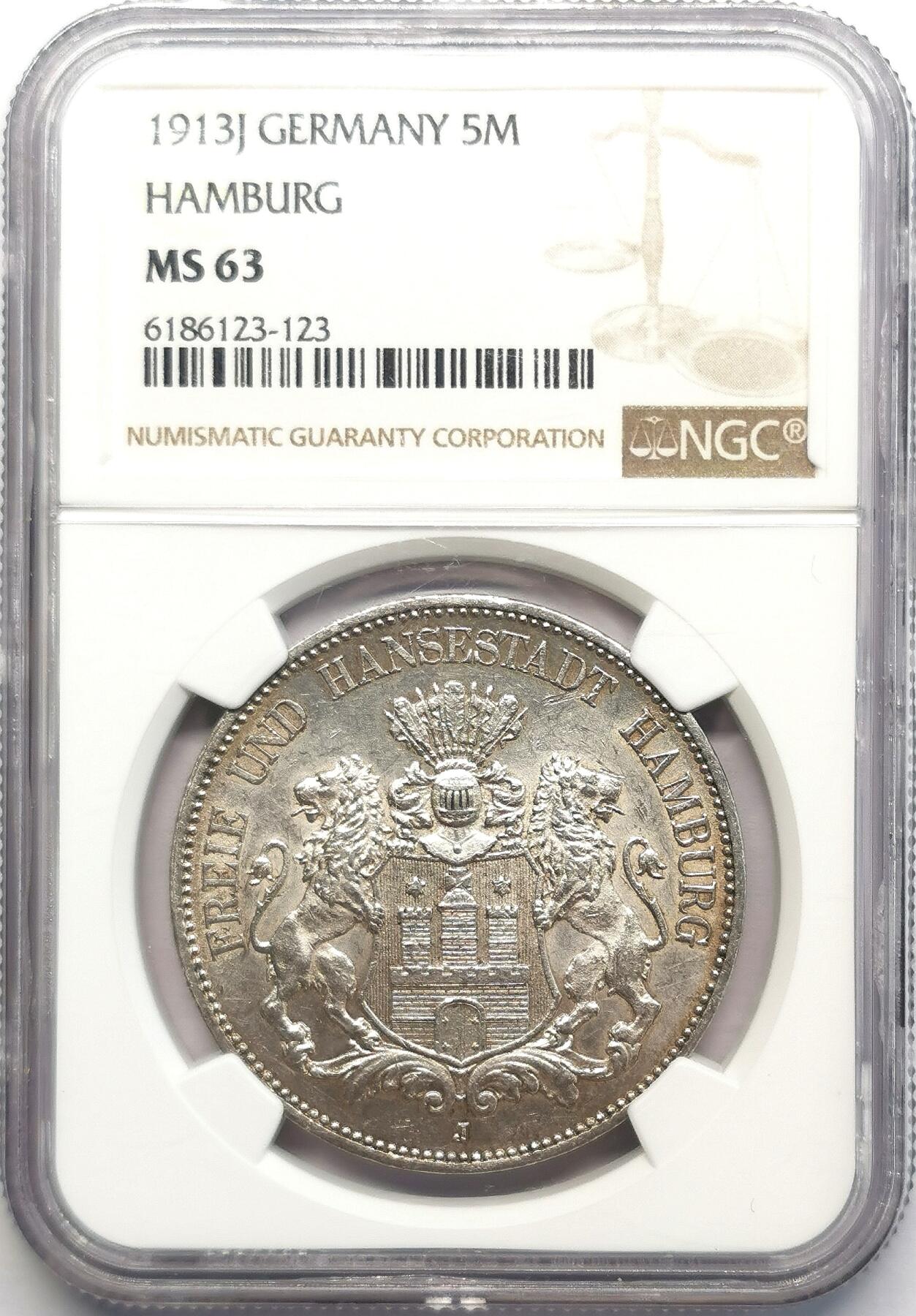 凡希社世界钱币微拍第二百七十三期 1913J德国汉堡5马克大银NGC-MS63