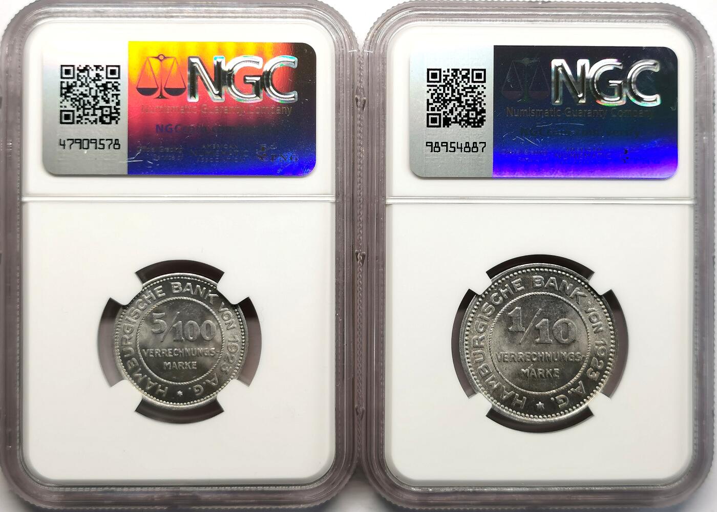 凡希社世界钱币微拍第二百七十三期 1923德紧汉堡马克铝币一对NGC-MS63/64