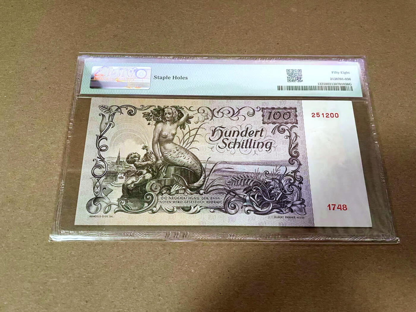 【Blue Auction】✨世界纸币精拍第493期【精】 奥地利 1949年100先令 经典美人鱼 PMG58 设计精美 