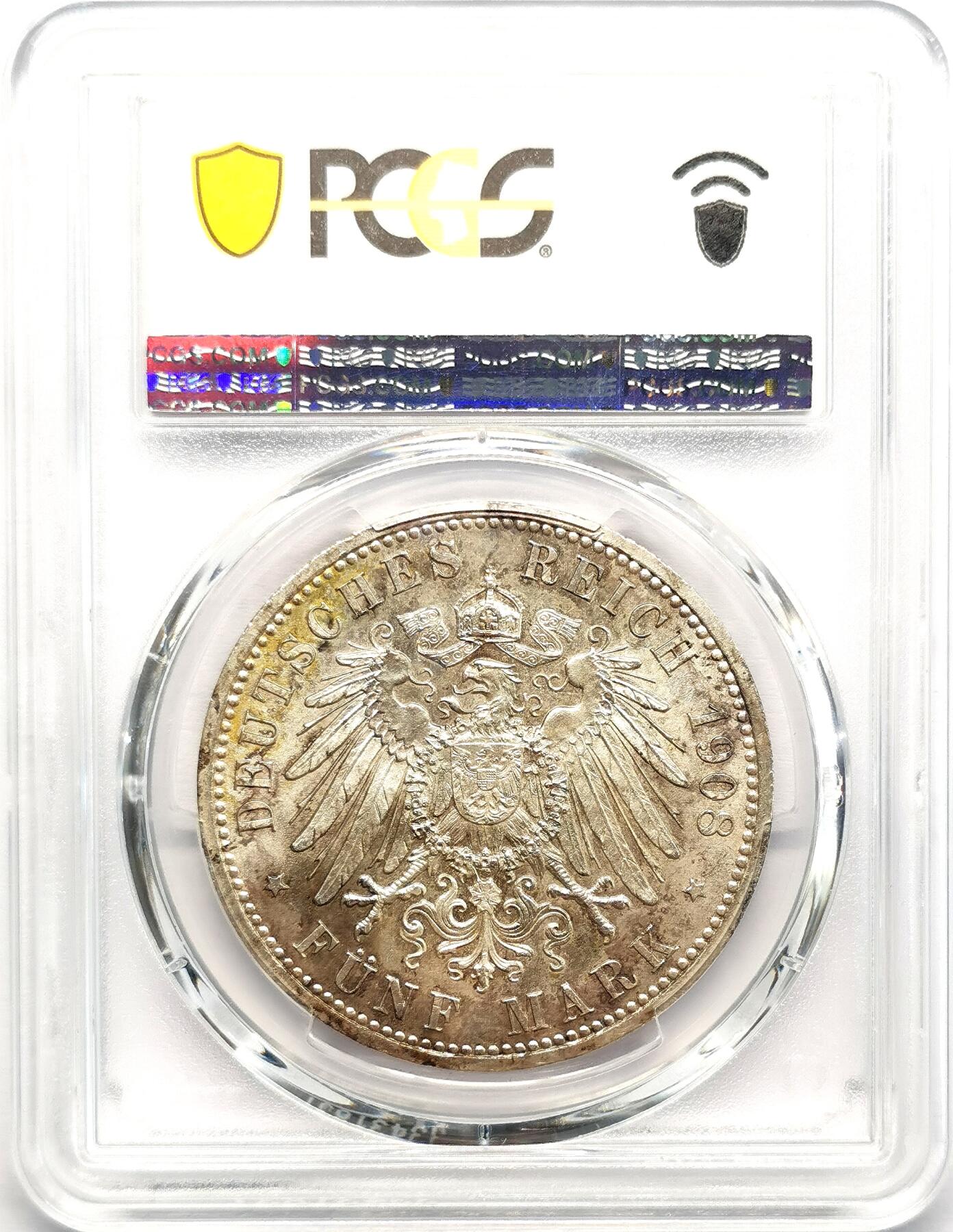 凡希社世界钱币微拍第二百七十三期 1908德国萨克-森魏玛-爱森纳赫耶拿大学纪念5马克大银PCGS-MS65，高分淡彩银光！