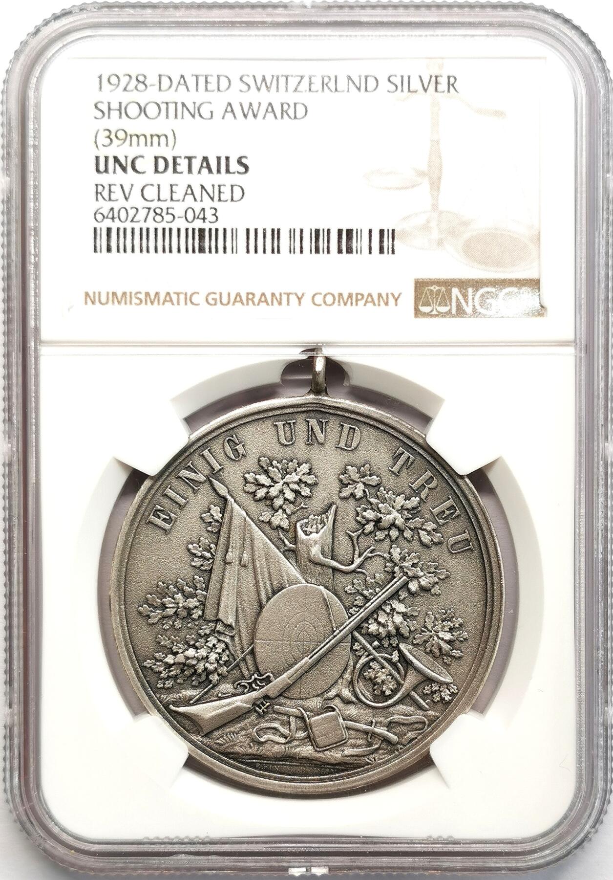 凡希社世界钱币微拍第二百七十三期 1928瑞士射击节银质奖章有挂环NGC-UNCD