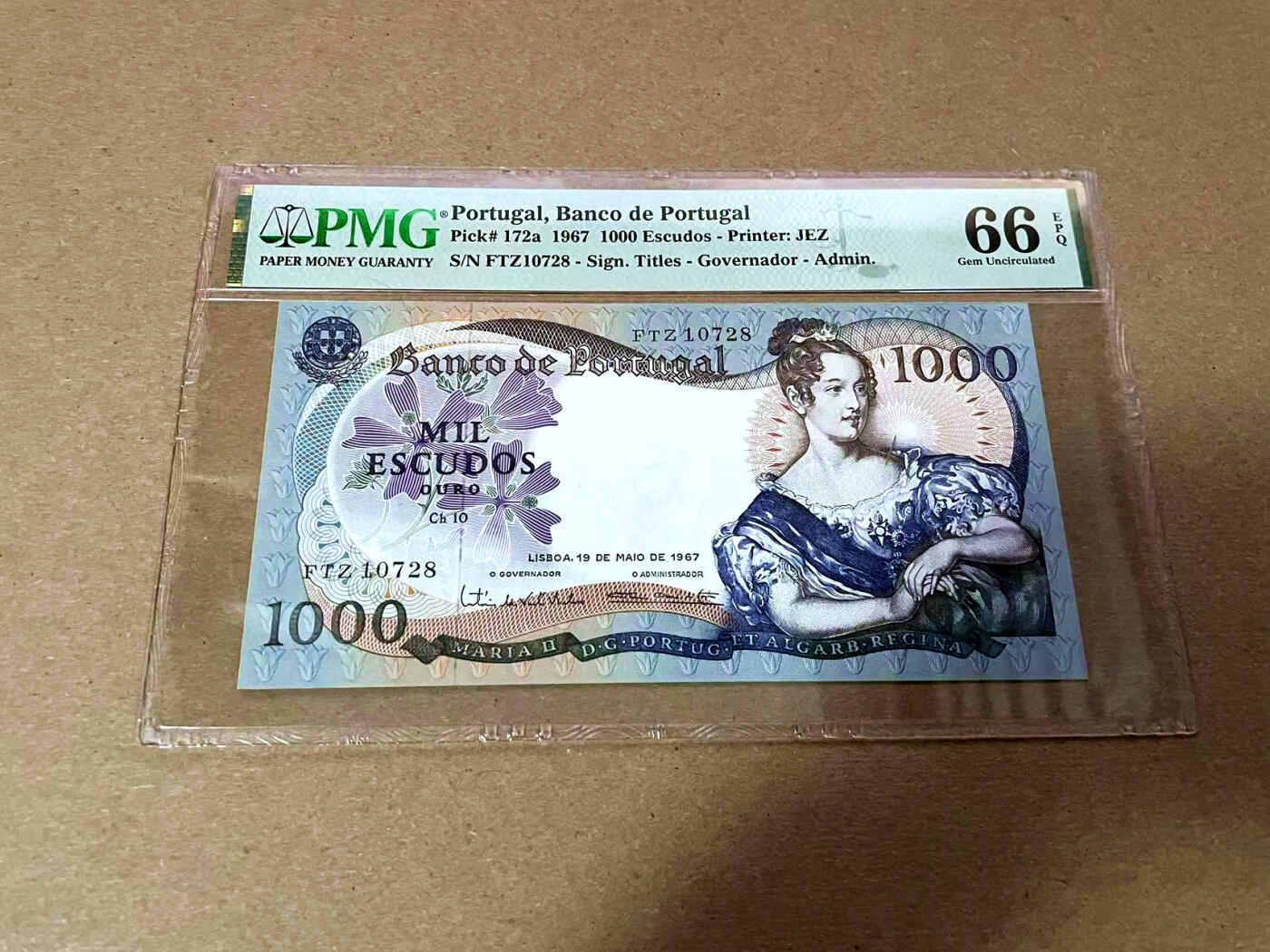 【Blue Auction】✨世界纸币精拍第493期【精】 葡萄牙 1967年1000埃斯库多 PMG66EPQ 玛利亚二世