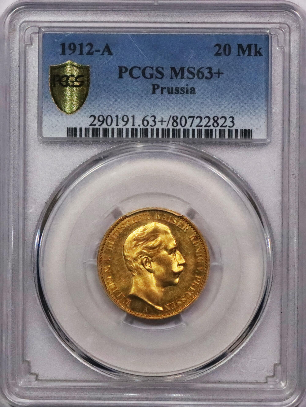 北京阿城哥拍卖2024年春季拍卖会 1912-A 普鲁士20MK金币一枚，PCGS MS63+评级编号：80722823