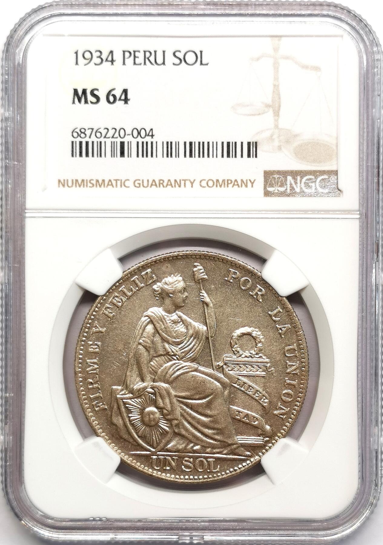 凡希社世界钱币微拍第二百七十三期 1934秘鲁座人SOL大银NGC-MS64，收藏级品质！