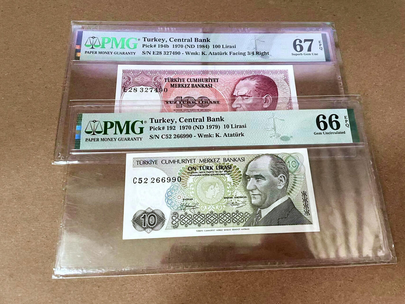 【Blue Auction】✨世界纸币精拍第493期【精】 【一组2张】土耳其 1970年10-100里拉 PMG67EPQ-66EPQ 