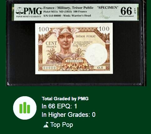 【Blue Auction】✨世界纸币精拍第493期【精】 【唯一记录&唯一冠军分】法国 1955年100法郎 TRÉSOR PUBLIC 军票 墨丘利 女神 PMG66EPQ 样钞 