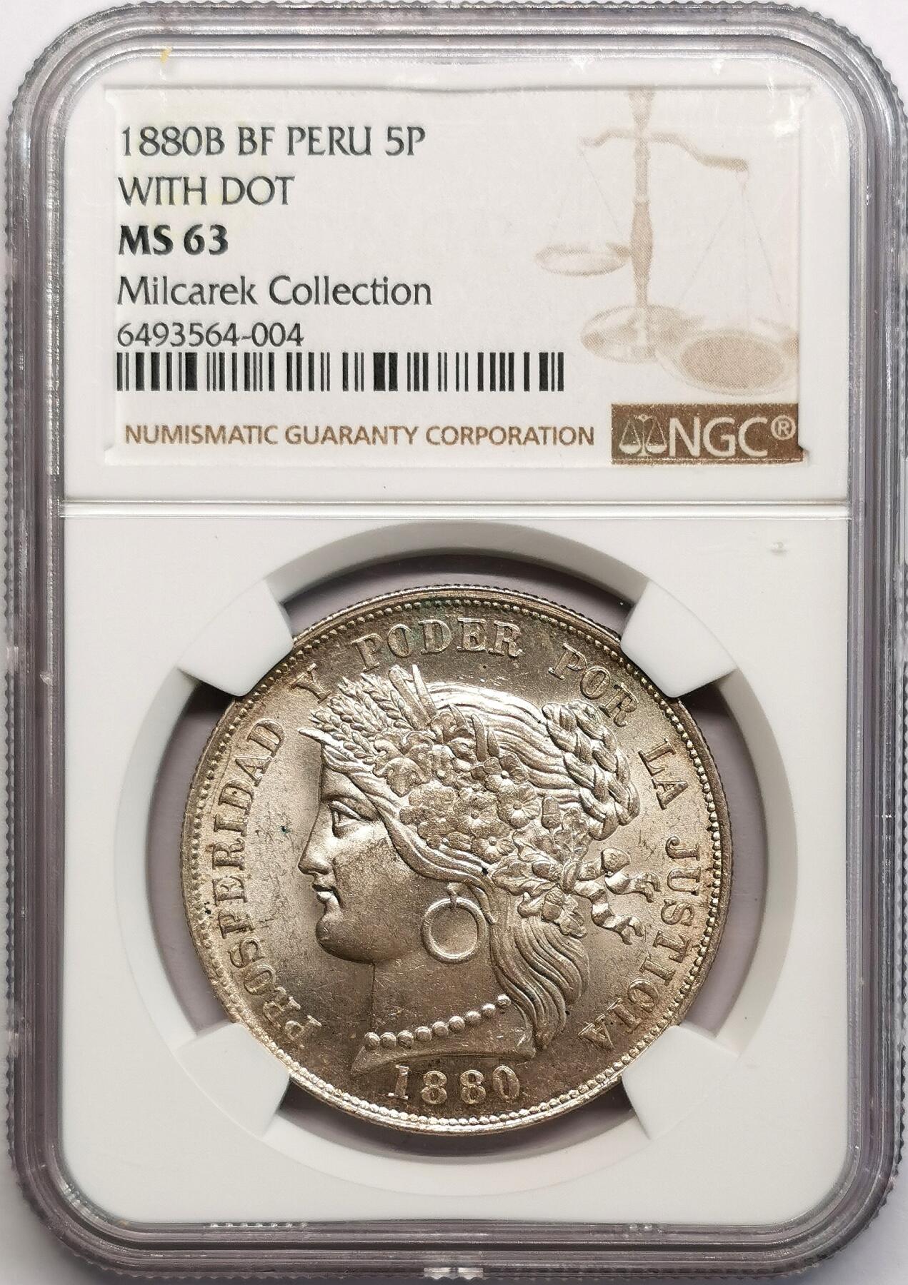 凡希社世界钱币微拍第二百七十三期 荐！1880秘鲁民族少女5比索大银带点版NGC-MS63，淡彩转光，光泽质感都非常赞，名家旧藏！
