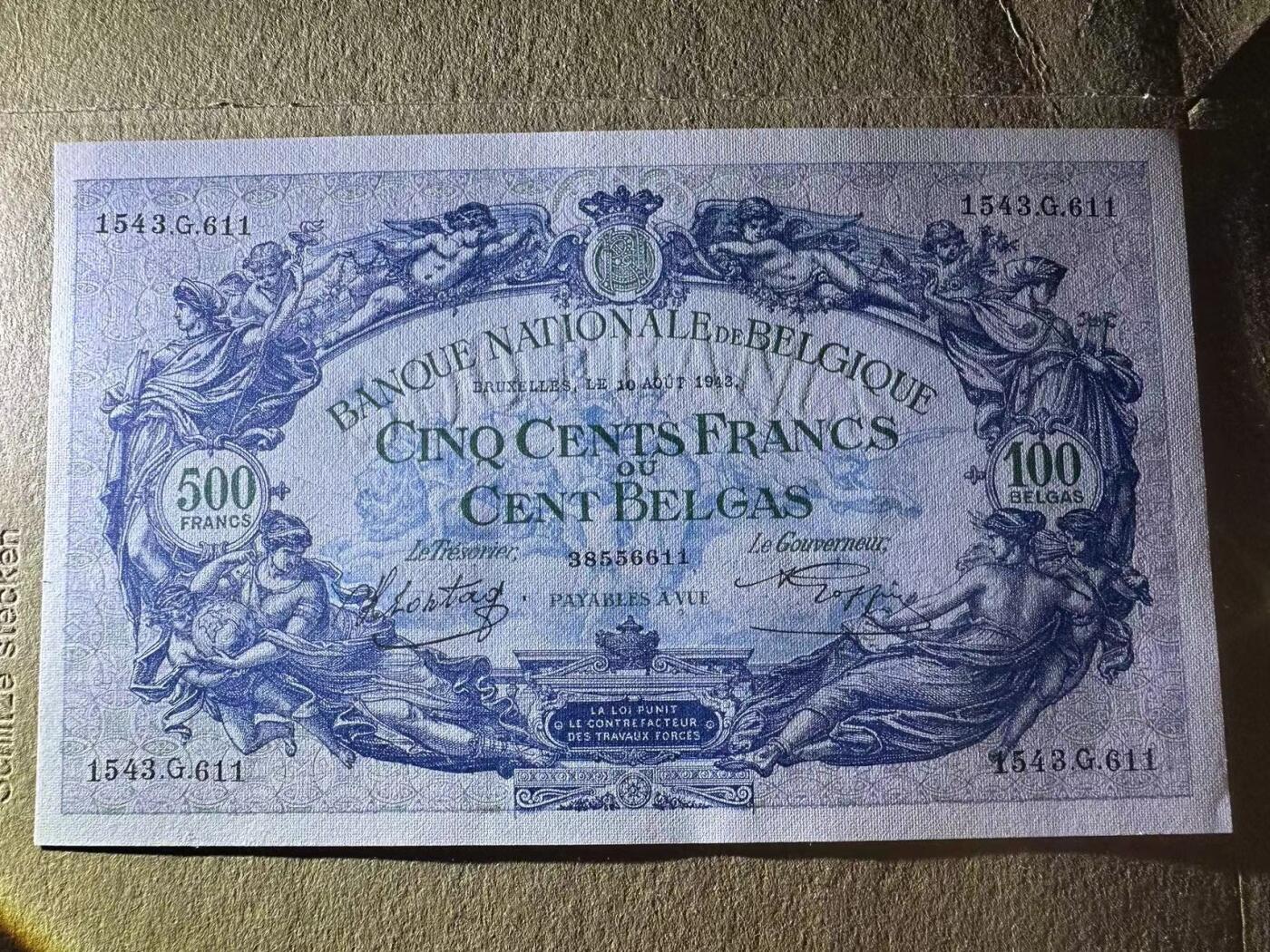 【Blue Auction】✨世界纸币精拍第493期【精】  比利时 1943年500法郎 UNC- 大票幅