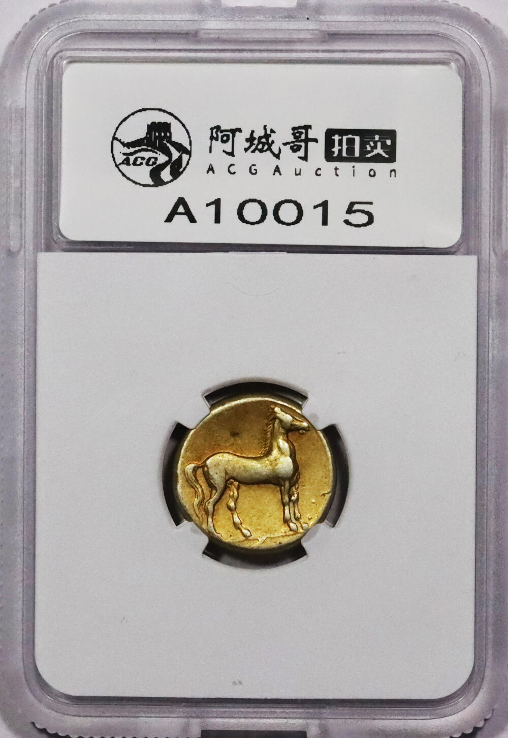 北京阿城哥拍卖2024年春季拍卖会 古希腊迦太基坦尼特女神与骏马琥珀金币 公元前290—前270年发行 直径：18.61mm 重量：7.53g 面值：1斯塔特琥珀金币 正面：迦太基崇拜的女神坦尼特头戴麦穗冠向左头像 反面：迦太基战马 TQG VF 评级编号：1105204-010