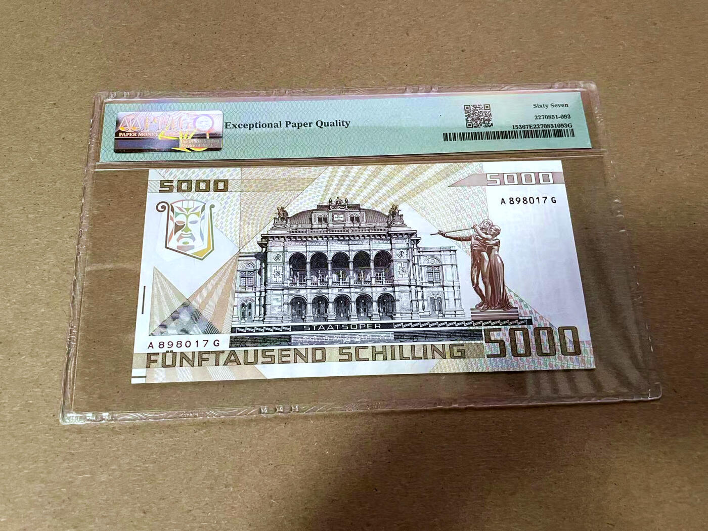 【Blue Auction】✨世界纸币精拍第493期【精】 奥地利 1988年5000先令 音乐家莫扎特 维也纳金色大厅 PMG67EPQ 高分