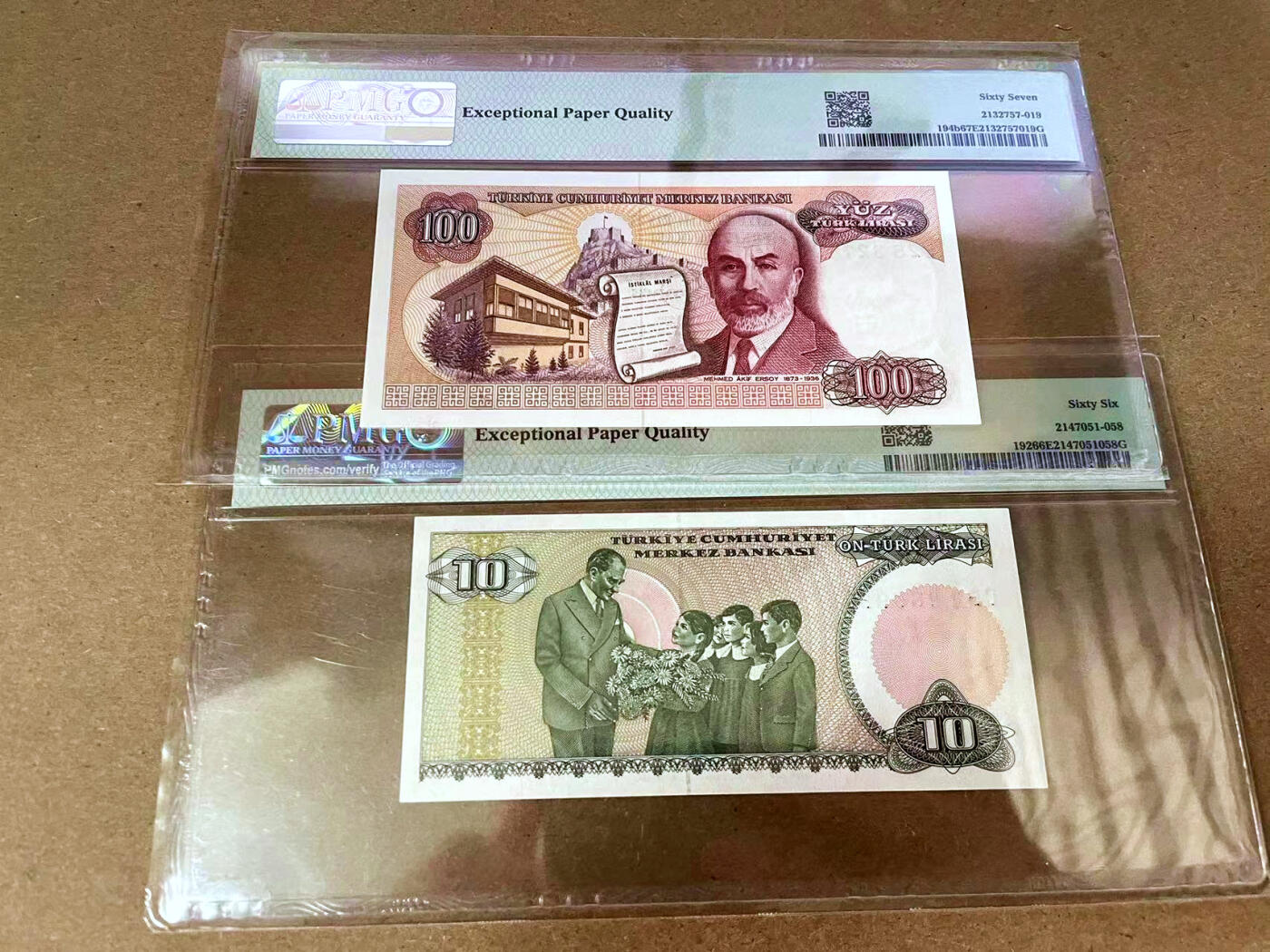 【Blue Auction】✨世界纸币精拍第493期【精】 【一组2张】土耳其 1970年10-100里拉 PMG67EPQ-66EPQ 