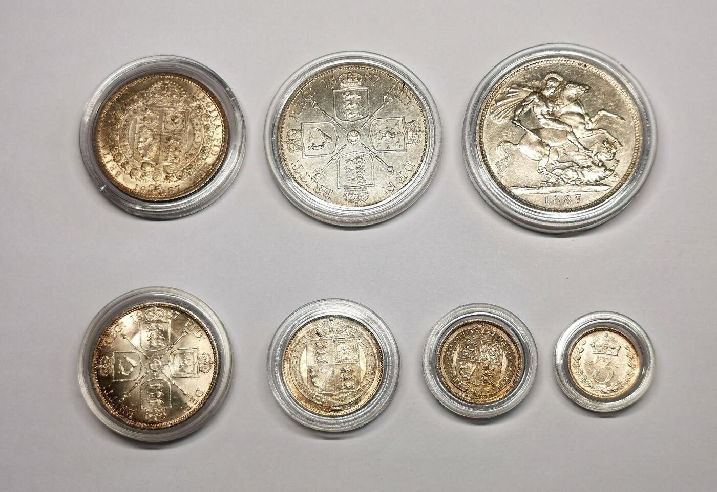 凡希社世界钱币微拍第二百七十三期 1887英国老维流通版七枚套，品相AU-UNC，附后制展示盒！