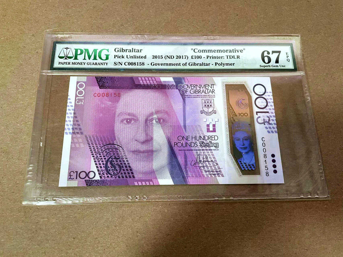 【Blue Auction】✨世界纸币精拍第493期【精】 【无47千位小号】直布罗陀 2015年100镑 女王 PMG67EPQ高分