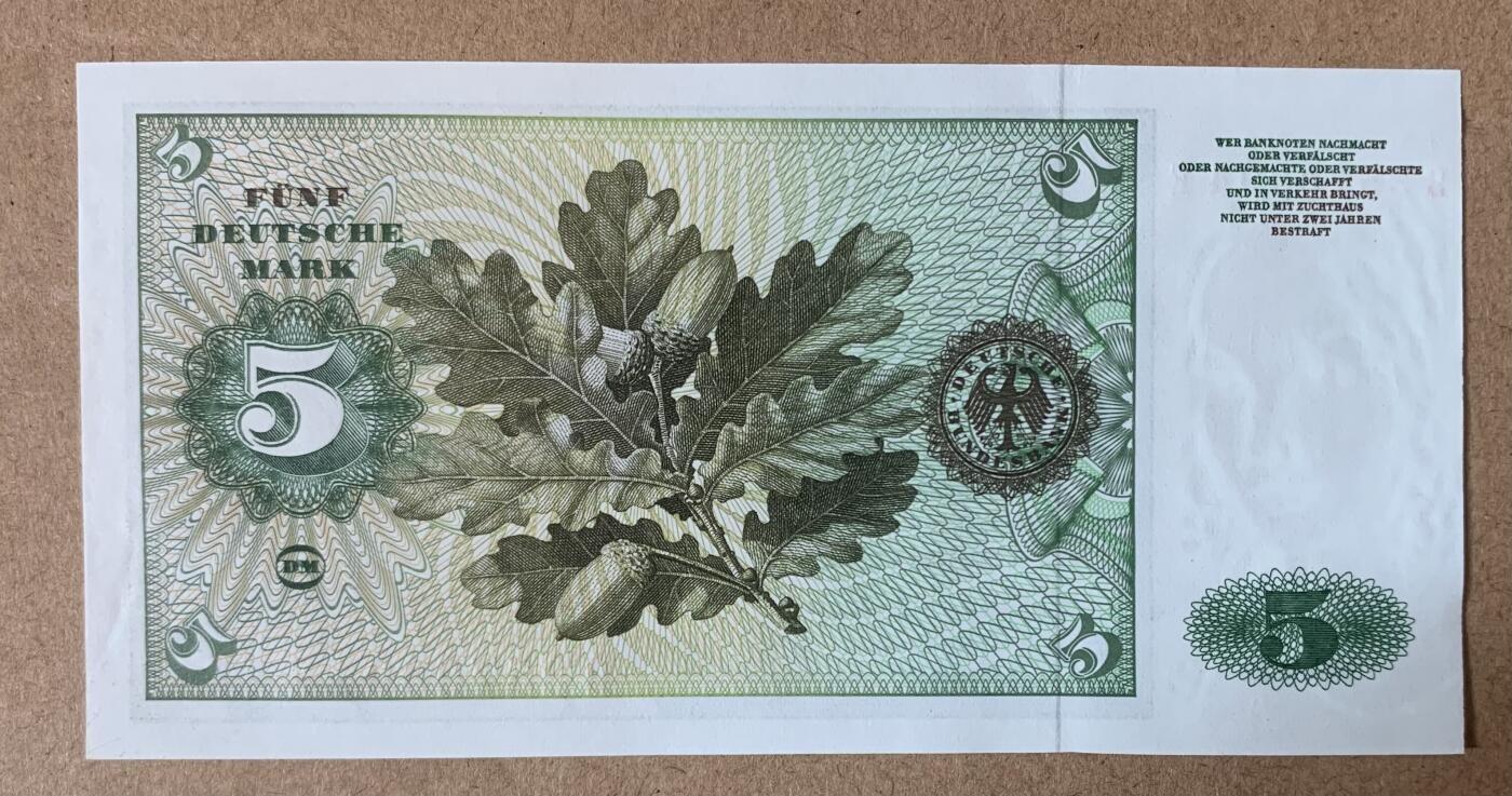 1960年首发 联邦 德国 5马克 纸币 P-18 全新UNC