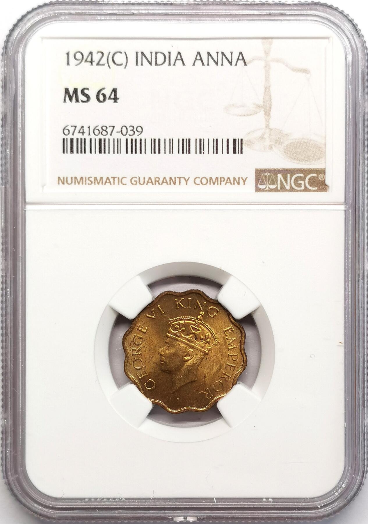 凡希社世界钱币微拍第二百七十三期 1942英属印度乔六1安那铜币NGC-MS64