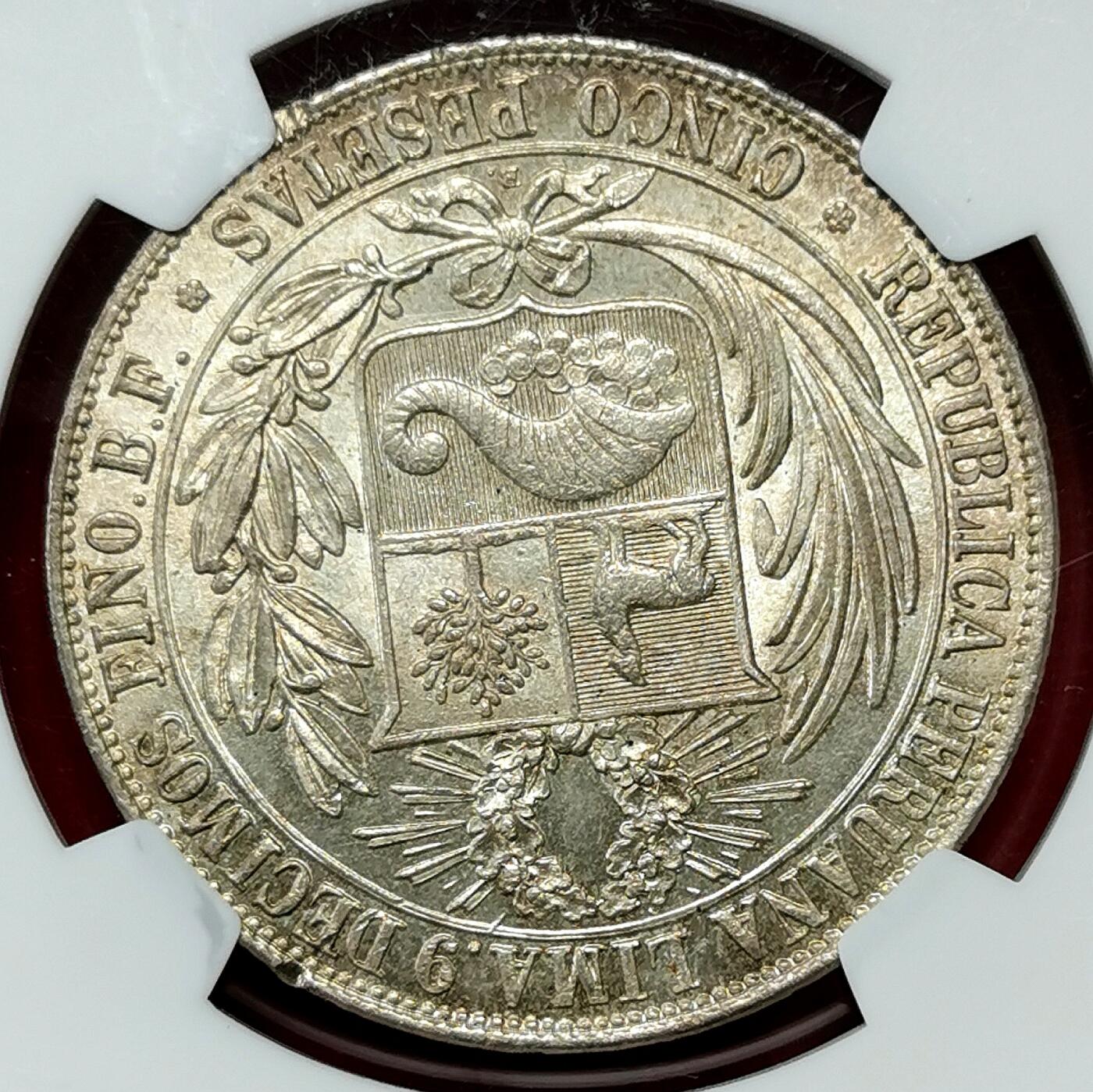 凡希社世界钱币微拍第二百七十三期 荐！1880秘鲁民族少女5比索大银带点版NGC-MS63，淡彩转光，光泽质感都非常赞，名家旧藏！