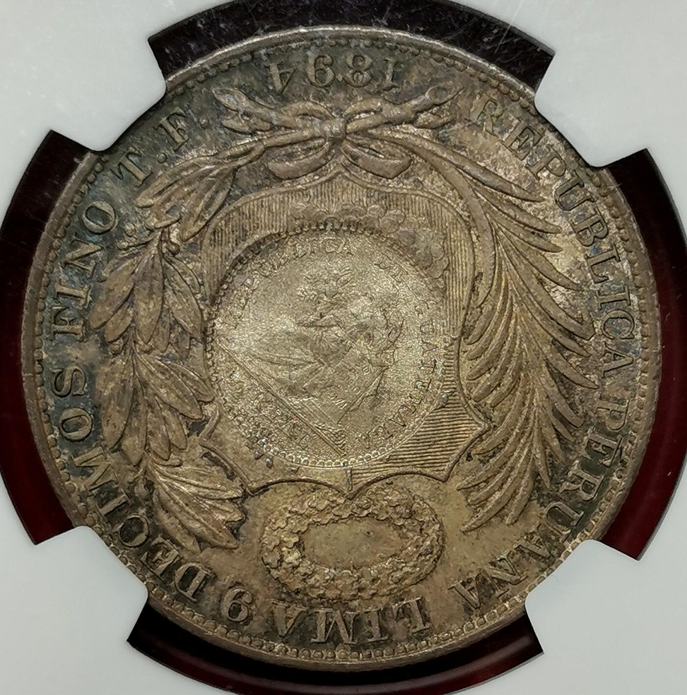 凡希社世界钱币微拍第二百七十三期 荐！1894危地马拉加盖秘鲁比索大银NGC-MS63，戳记与母币品相一流，烟熏彩包浆绝美！