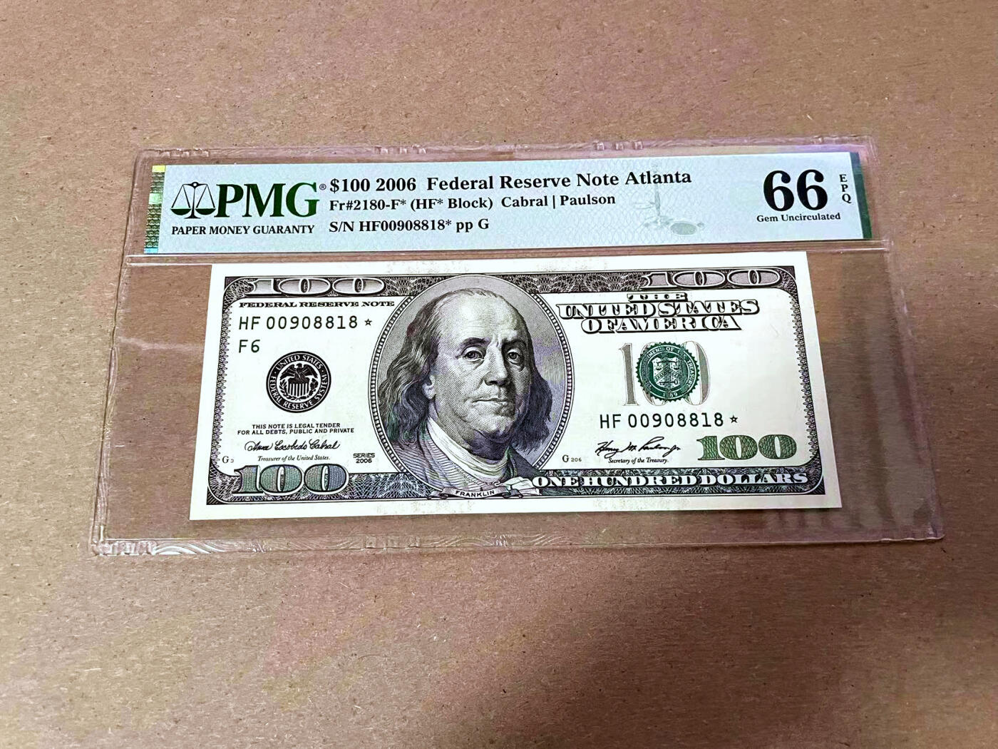 【Blue Auction】✨世界纸币精拍第493期【精】 【补号 倒置号】美国 2006年100美金 PMG66EPQ 