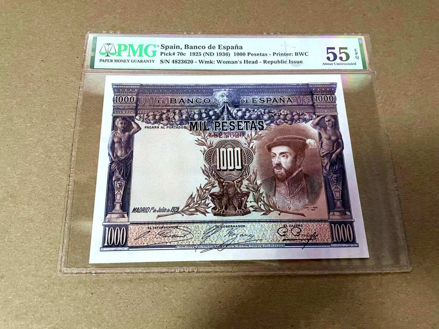 【Blue Auction】✨世界纸币精拍第493期【精】  西班牙 1925年1000比塞塔 BWC出品 大方块 PMG55EPQ 原票少见