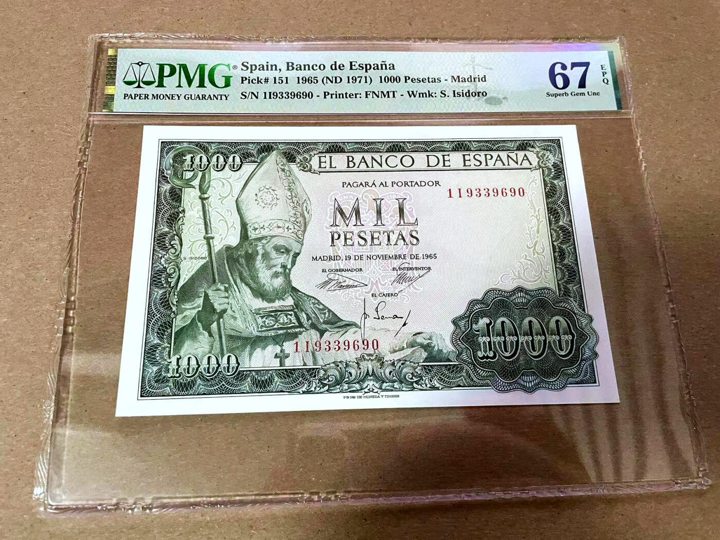 【Blue Auction】✨世界纸币精拍第493期【精】 【无47】西班牙 1965年1000比塞塔PMG67EPQ 高分 教皇