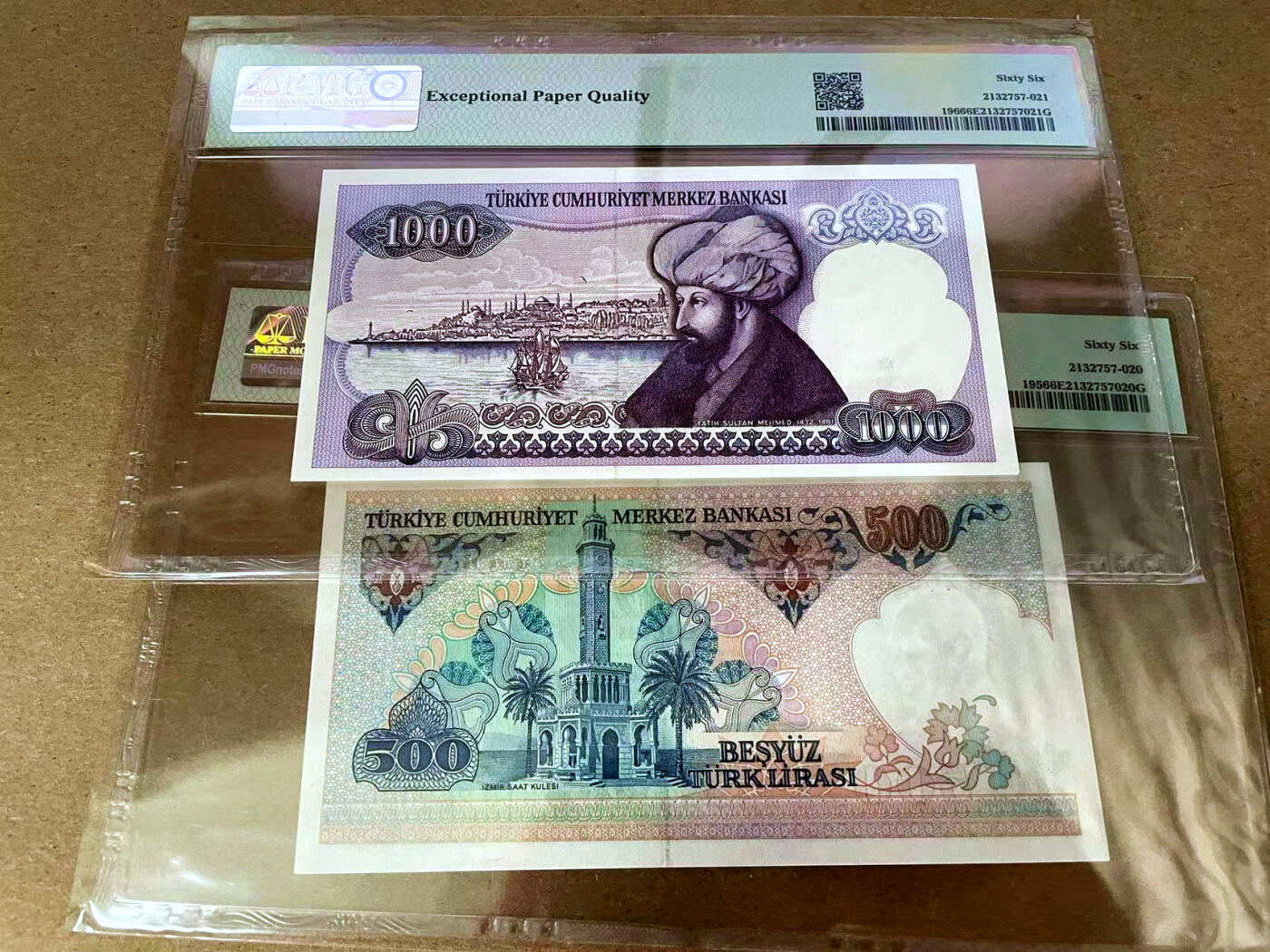 【Blue Auction】✨世界纸币精拍第493期【精】 【一组2张】土耳其 1970年500-1000里拉 PMG66EPQ 