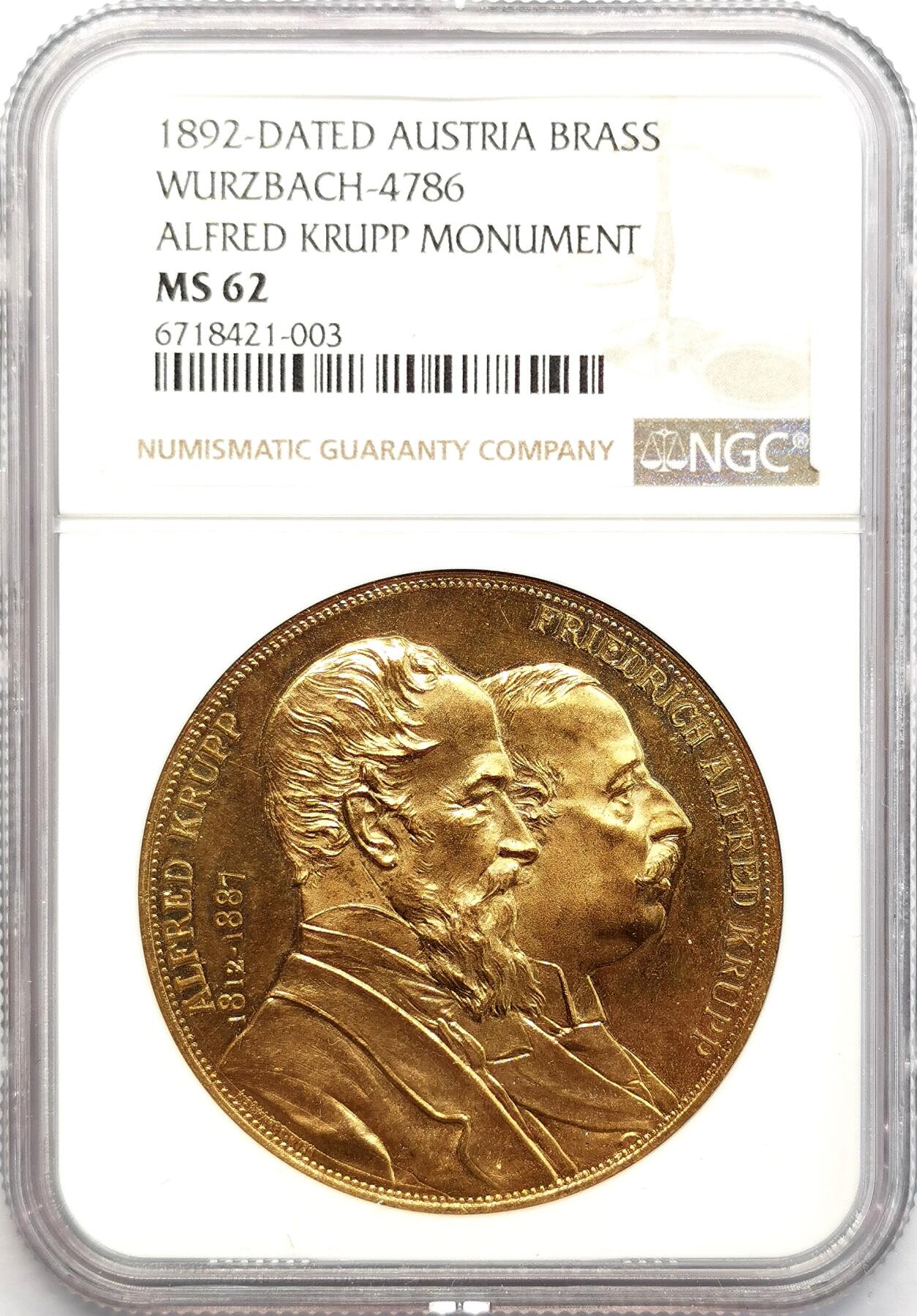 凡希社世界钱币微拍第二百七十三期 1892奥地利克虏珀雕像纪念黄铜章NGC-MS62