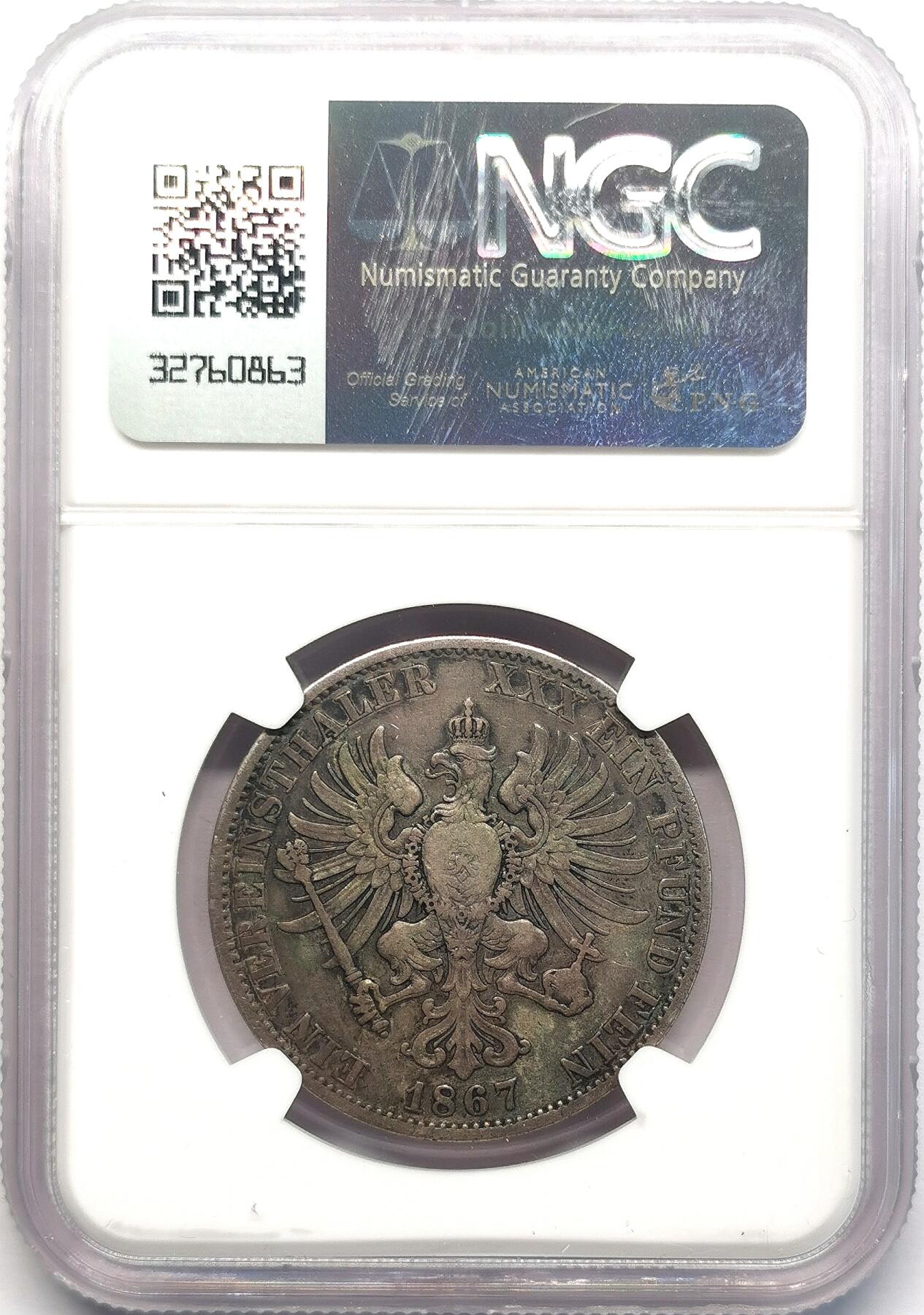 凡希社世界钱币微拍第二百七十三期 1867德国普鲁士王冠鹰泰勒NGC-VFD