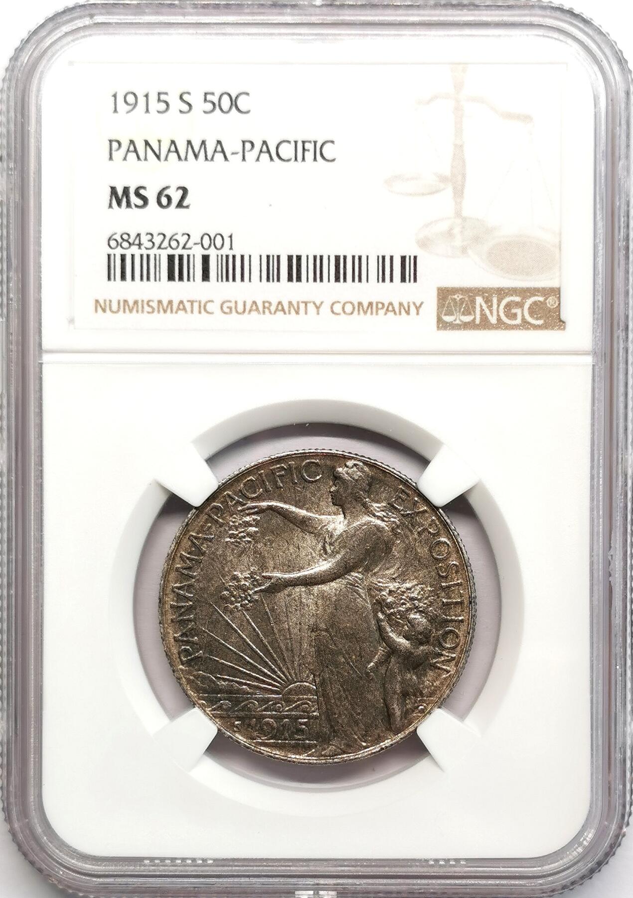 凡希社世界钱币微拍第二百七十三期 1915S美国巴拿马-太平洋博览会纪念50美分NGC-MS62，铁灰蓝包浆，半美元系列的第一枚，书价高昂！