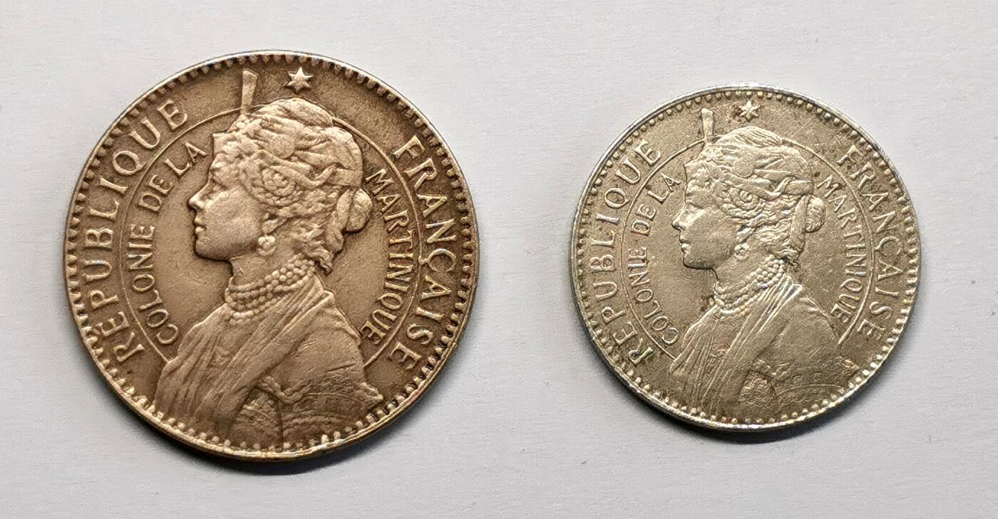 凡希社世界钱币微拍第二百七十三期 1922法属马提尼克50分/1法郎一对AU