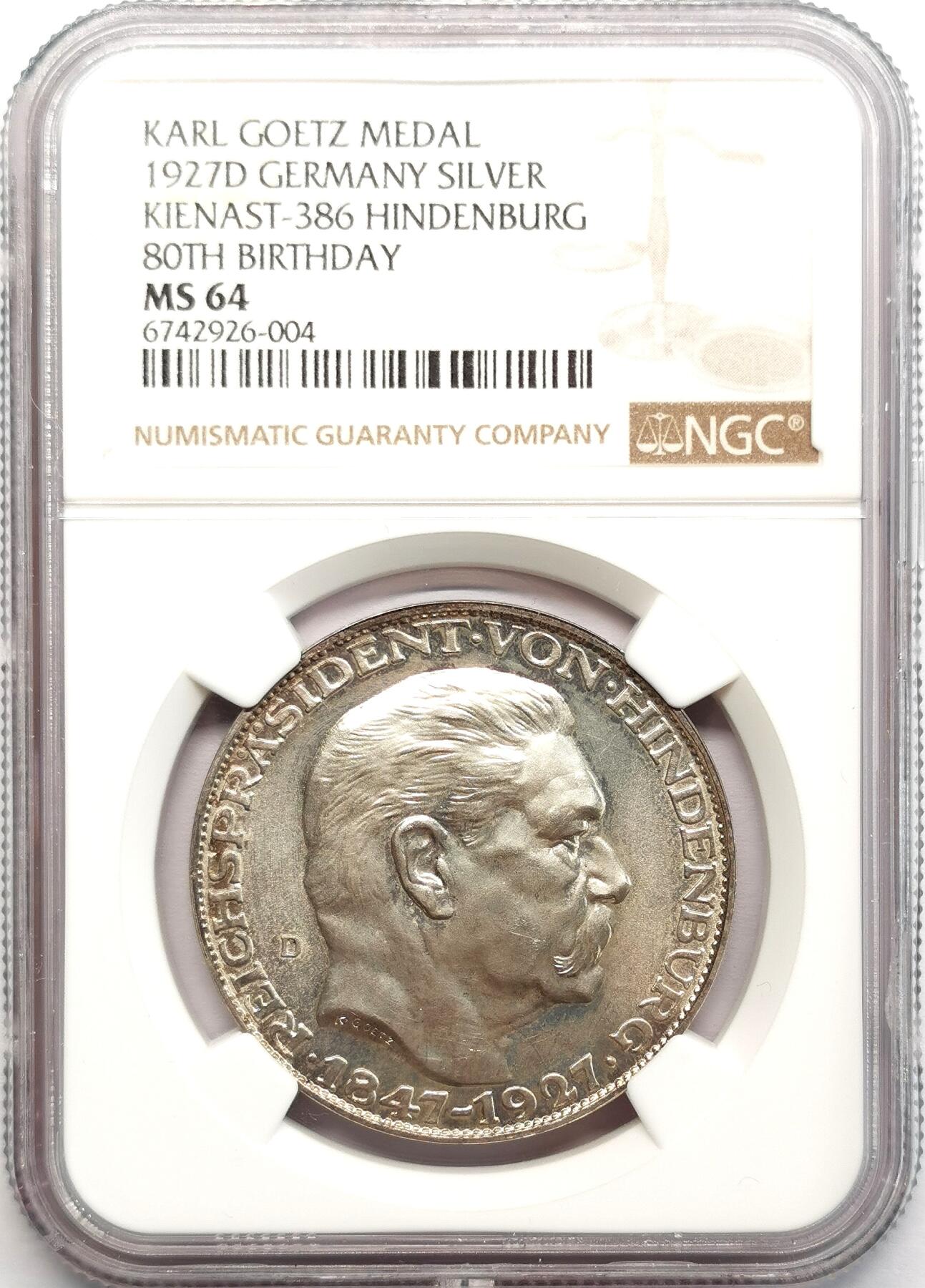 凡希社世界钱币微拍第二百七十三期 1927德国兴登堡八十寿辰纪念5马克币章NGC-MS64
