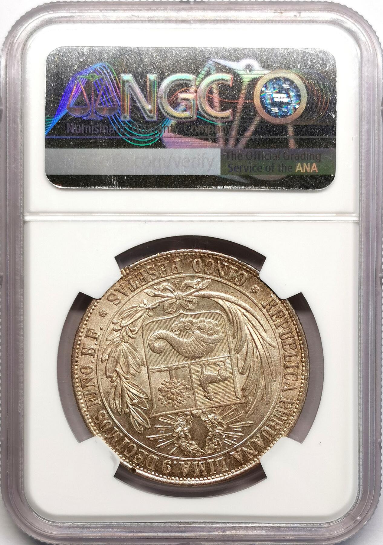 凡希社世界钱币微拍第二百七十三期 荐！1880秘鲁民族少女5比索大银带点版NGC-MS63，淡彩转光，光泽质感都非常赞，名家旧藏！