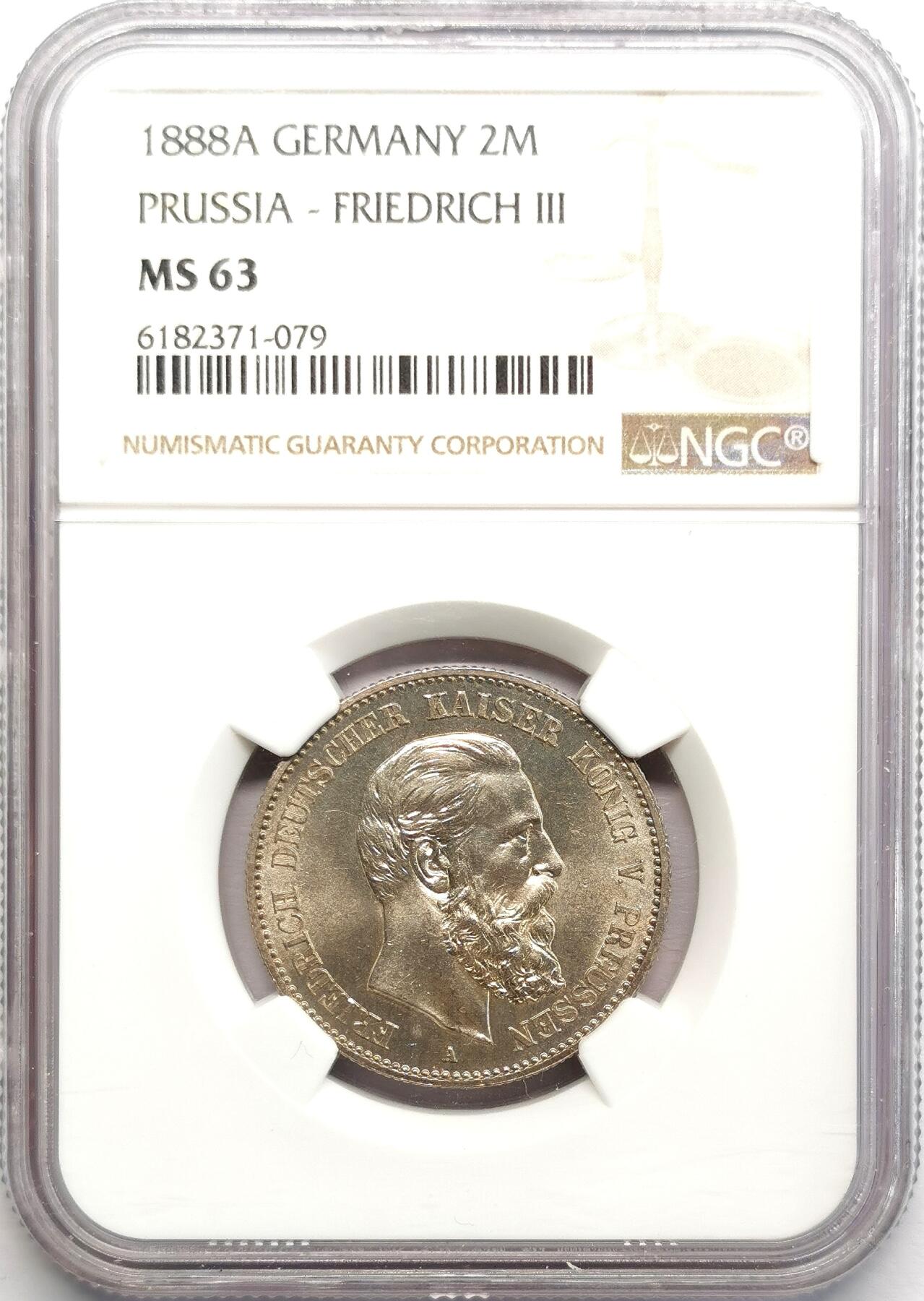 凡希社世界钱币微拍第二百七十三期 1888德国普鲁士三皇之年2马克短翅鹰NGC-MS63