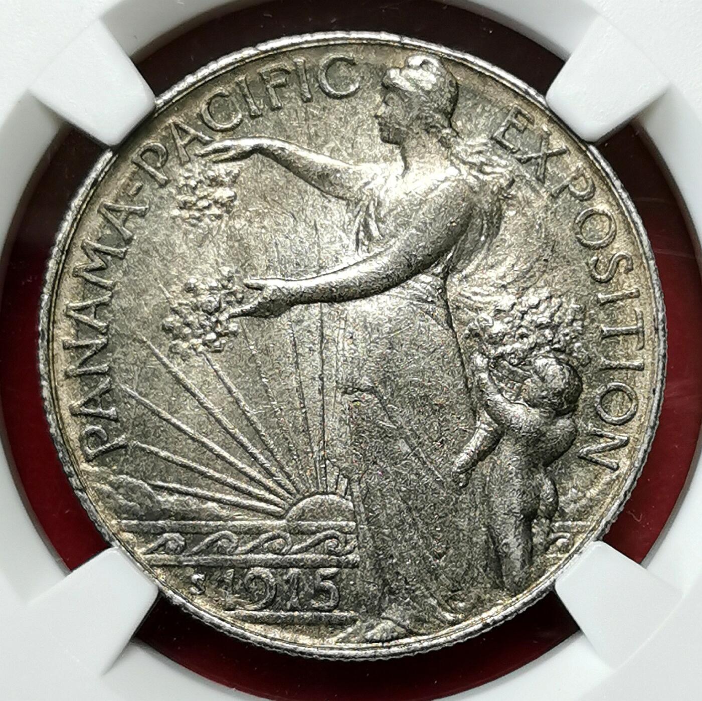 凡希社世界钱币微拍第二百七十三期 1915S美国巴拿马-太平洋博览会纪念50美分NGC-MS62，铁灰蓝包浆，半美元系列的第一枚，书价高昂！