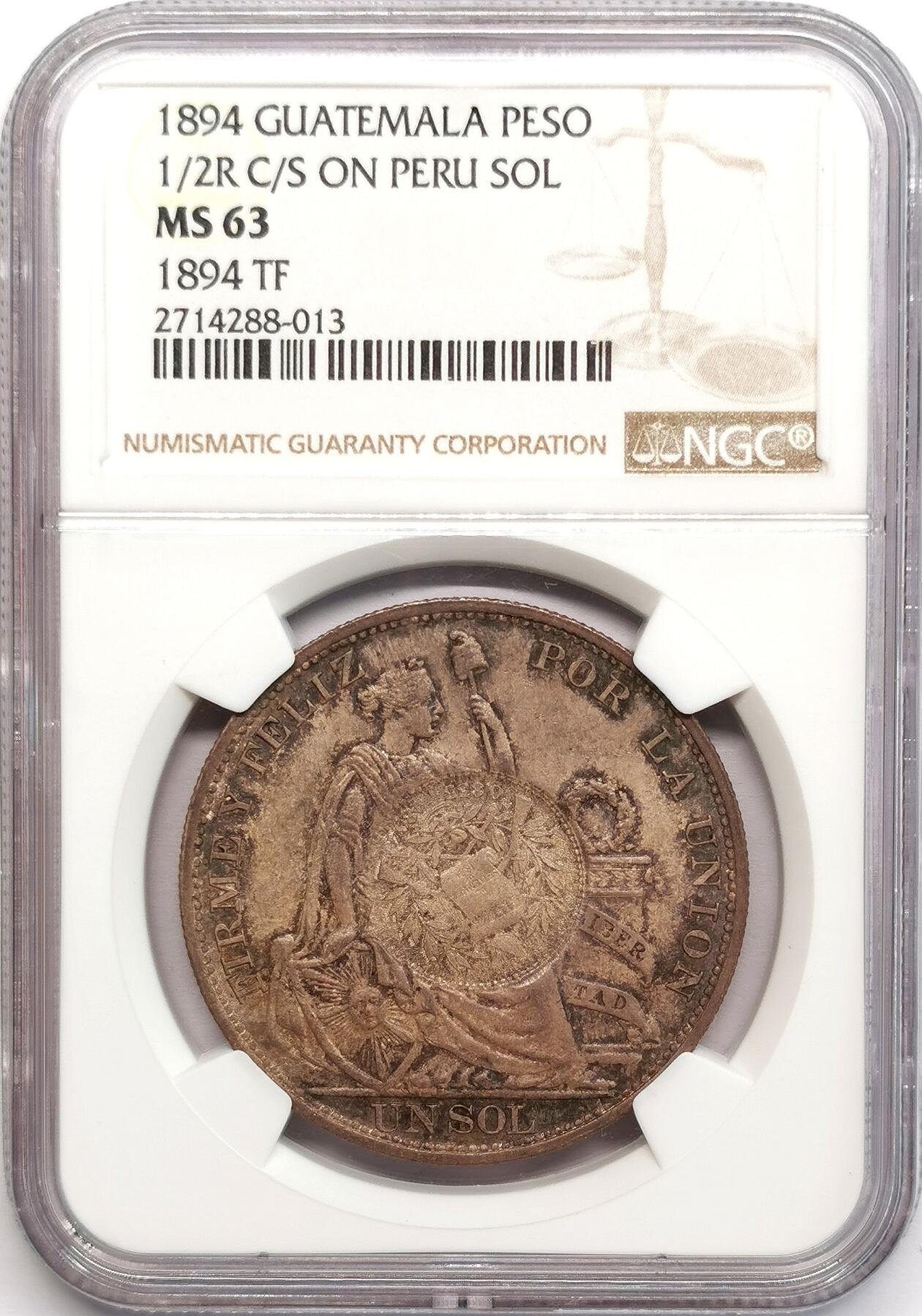 凡希社世界钱币微拍第二百七十三期 荐！1894危地马拉加盖秘鲁比索大银NGC-MS63，戳记与母币品相一流，烟熏彩包浆绝美！