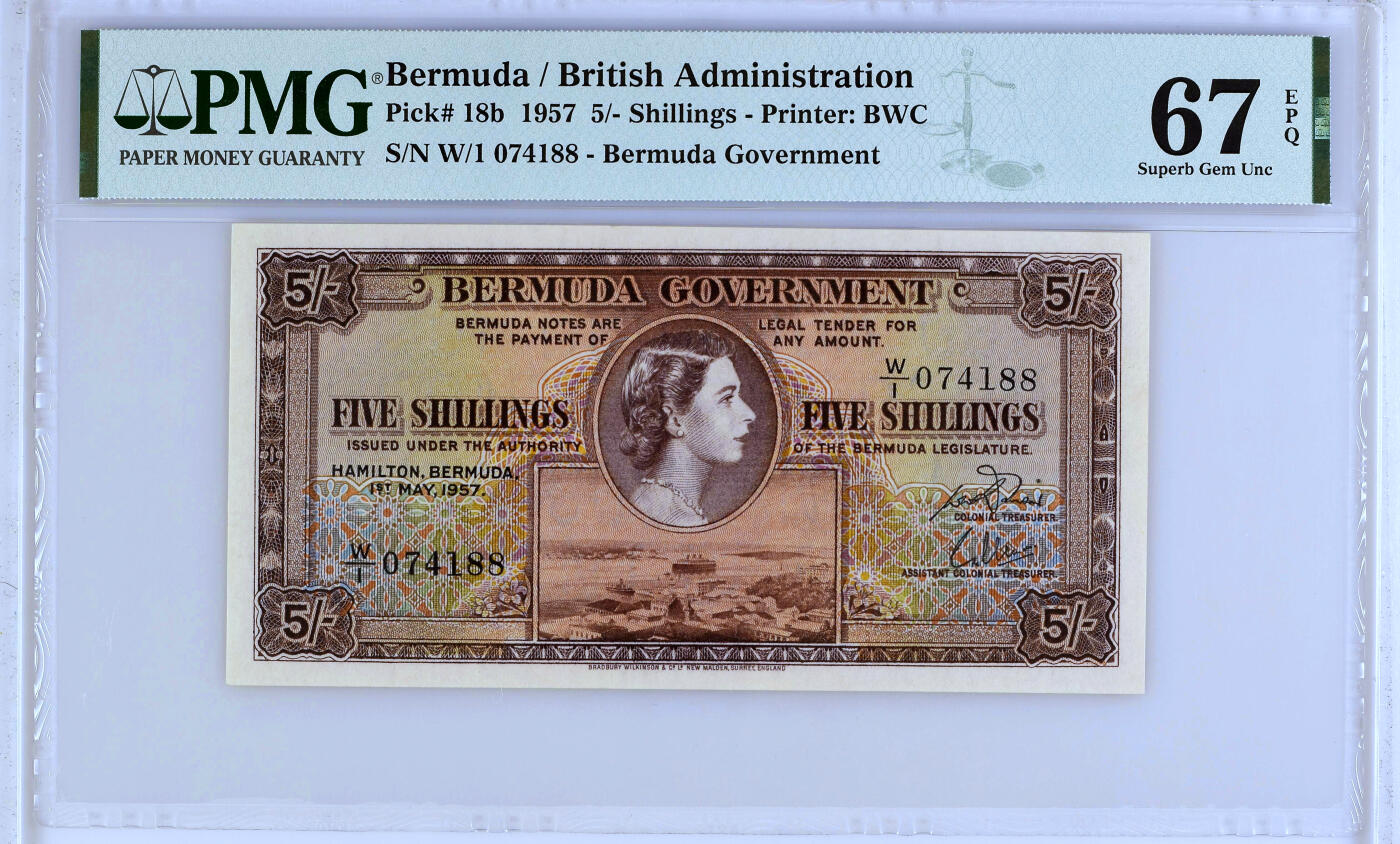 【Blue Auction】✨世界纸币精拍第493期【精】 【88尾】百慕大 1957年5先令 年轻女王 PMG67EPQ 高分 港口风景 
