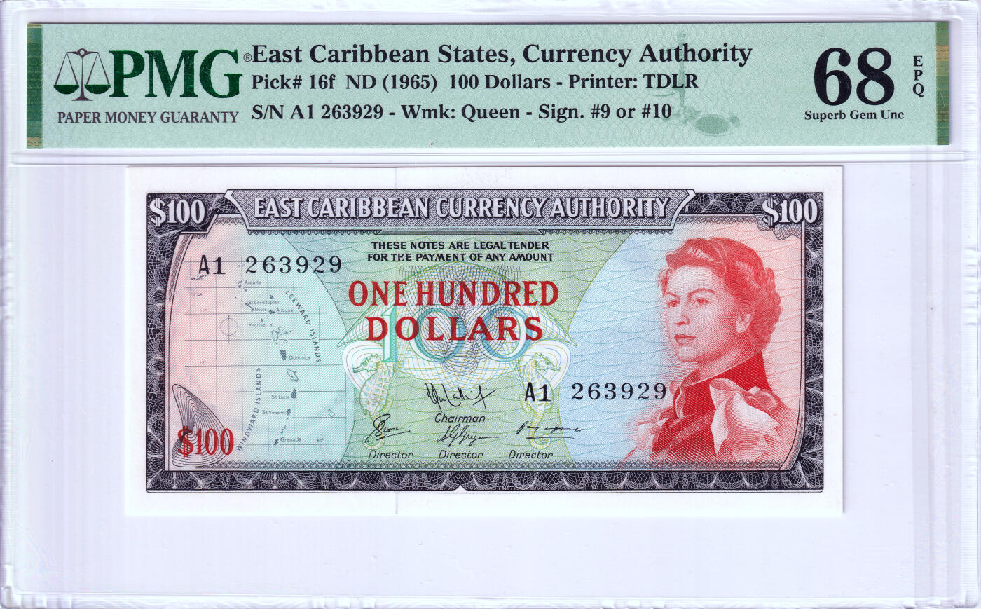 【Blue Auction】✨世界纸币精拍第493期【精】   【各版本唯一冠军分 A1冠无47】东加勒比 1965年100元 戎装女王 PMG68EPQ 顶级高分仅此一张 可遇不可求 定让不少女王纸币藏家蠢蠢欲动 背面东加勒比海风光令人心醉 凑套必备 