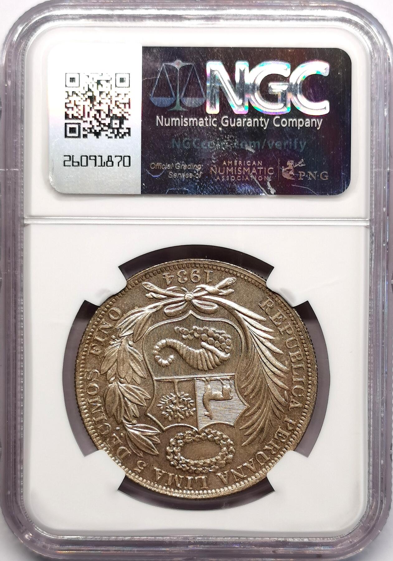 凡希社世界钱币微拍第二百七十三期 1934秘鲁座人SOL大银NGC-MS64，收藏级品质！