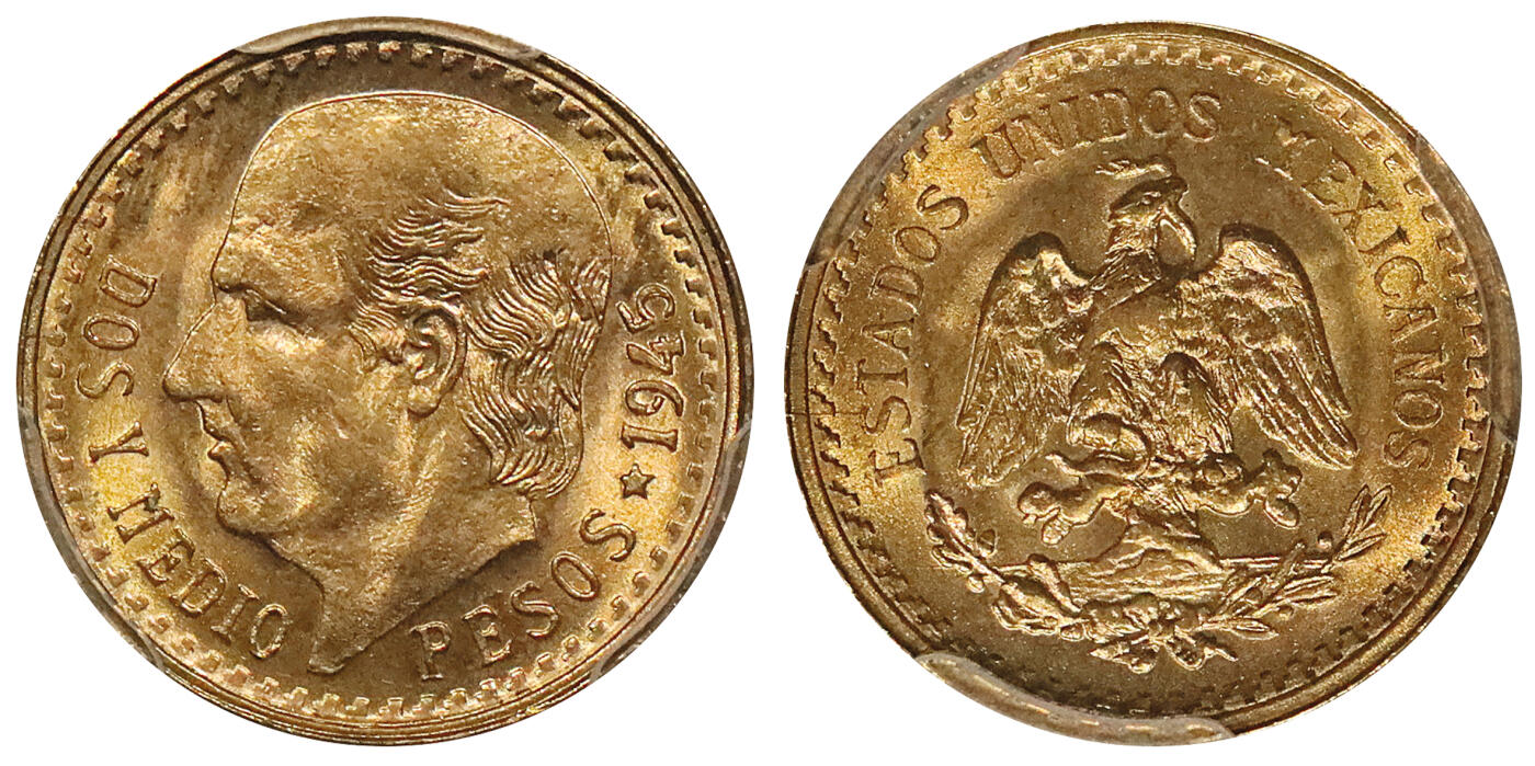 北京阿城哥拍卖2024年春季拍卖会 1945墨西哥2.5比索鹰洋金币 PCGS MS68评级编号：47522599
