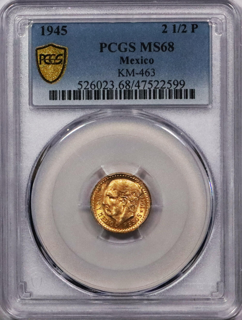 北京阿城哥拍卖2024年春季拍卖会 1945墨西哥2.5比索鹰洋金币 PCGS MS68评级编号：47522599