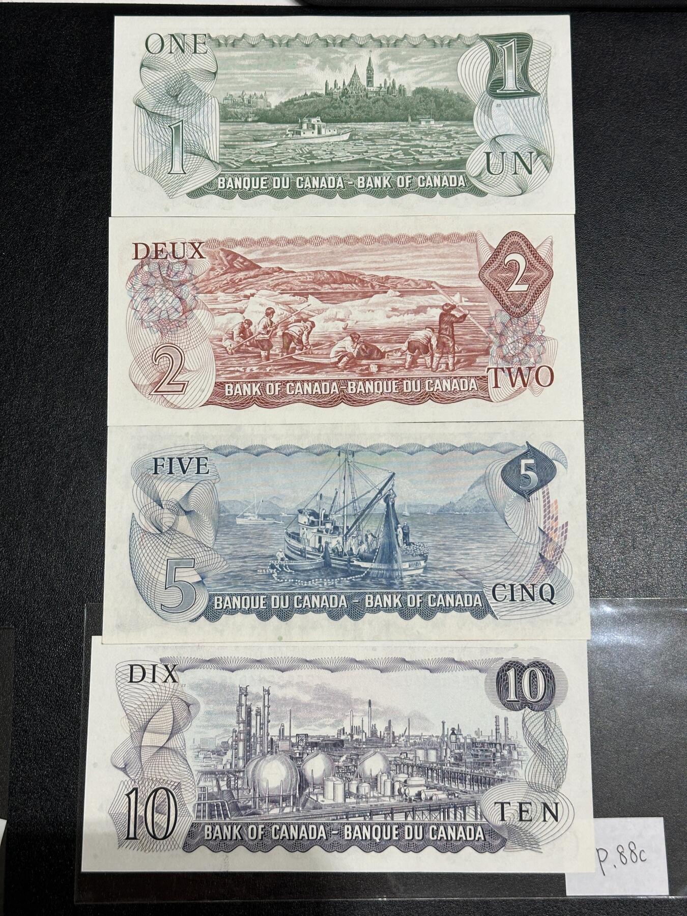 《外钞收藏家》第三百八十一期（美洲小专场） 加拿大1971-74年版小套，1/2/510元，4枚	P85-88 5元轻微几个潮点 有折  其他面额没问题