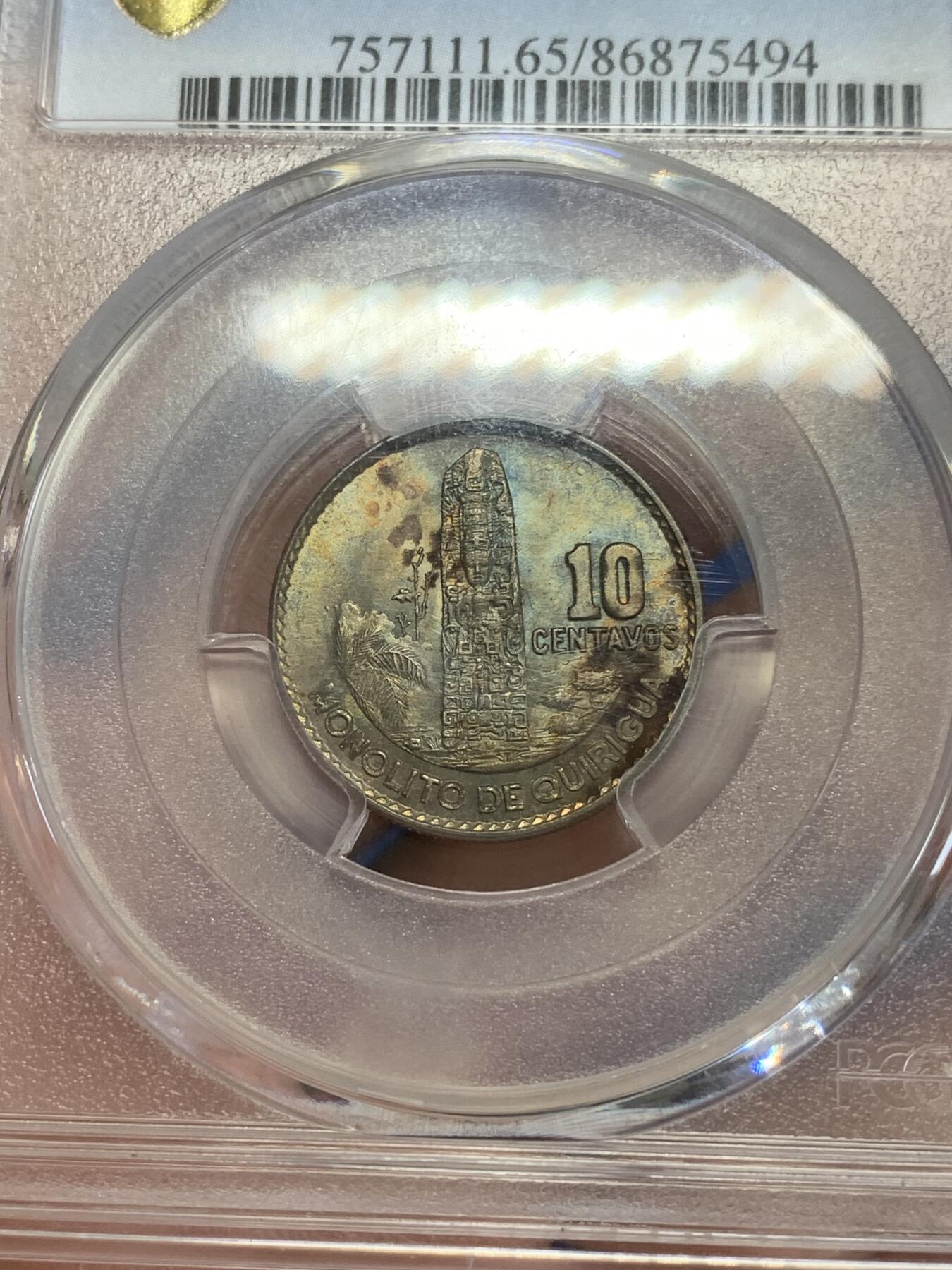 《竞宝斋》第279场- 周日，周一 ，周二3场连拍 （全场包邮） PCGS-MS65 危地马拉 1960年 10分银币 PC唯一冠军分双面炫五彩包浆状态顶尖。