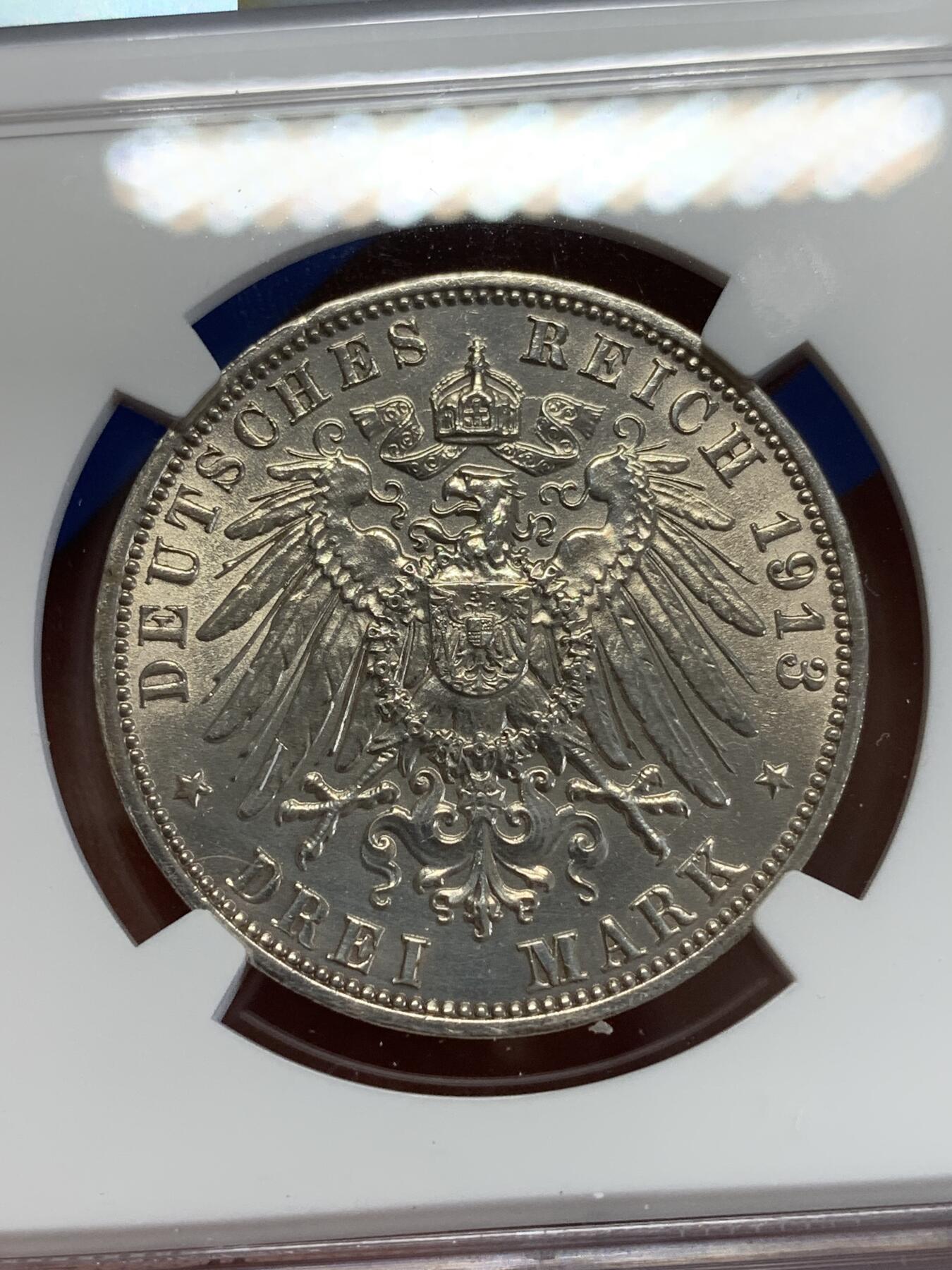 《竞宝斋》第279场- 周日，周一 ，周二3场连拍 （全场包邮） NGC UNC   德国1913年建功碑3马克银币
