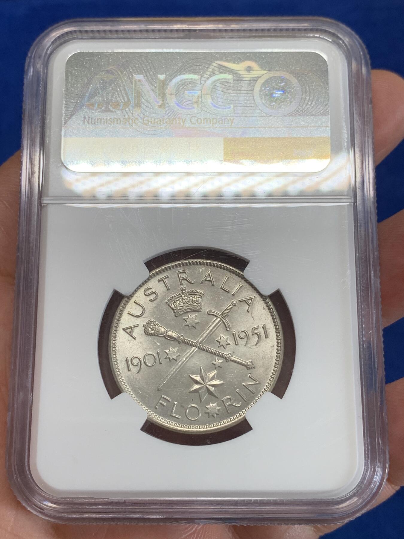 《竞宝斋》第279场- 周日，周一 ，周二3场连拍 （全场包邮） NGC MS63 澳大利亚 1951年2先令 皇室访问纪念银币