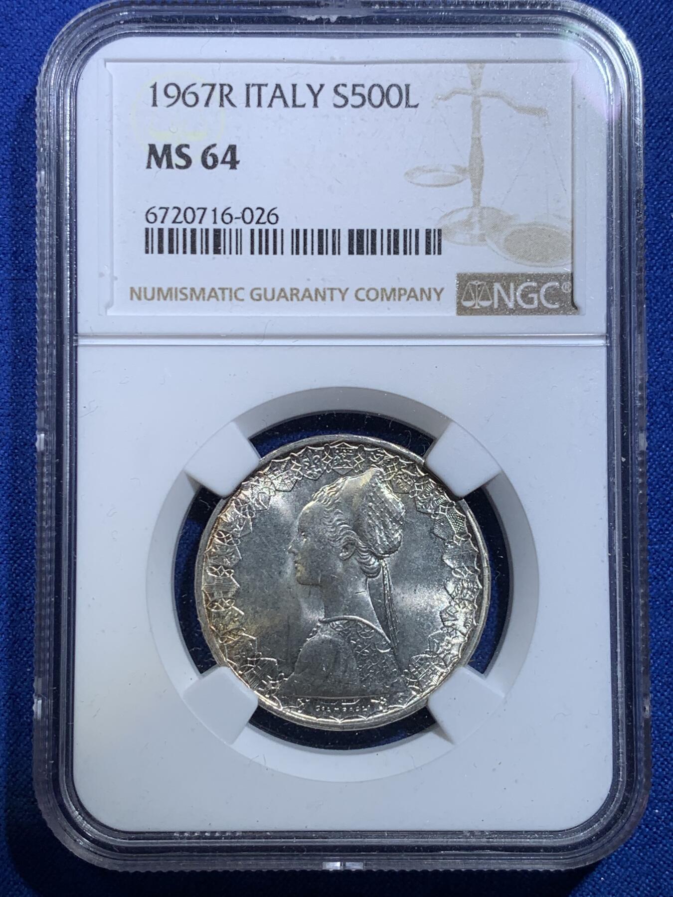 《竞宝斋》第279场- 周日，周一 ，周二3场连拍 （全场包邮） NGC MS64 意大利 1967年 美女帆船 500里拉 银币