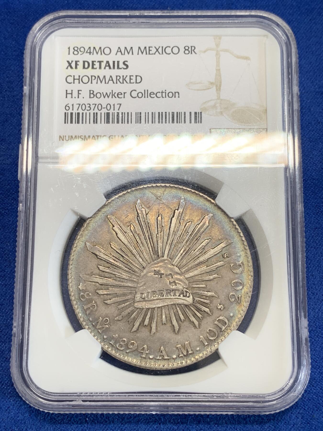 《竞宝斋》第279场- 周日，周一 ，周二3场连拍 （全场包邮） NGC XF 1894年墨西哥8里亚尔鹰洋 环五彩 在华流通老银元 包克旧藏