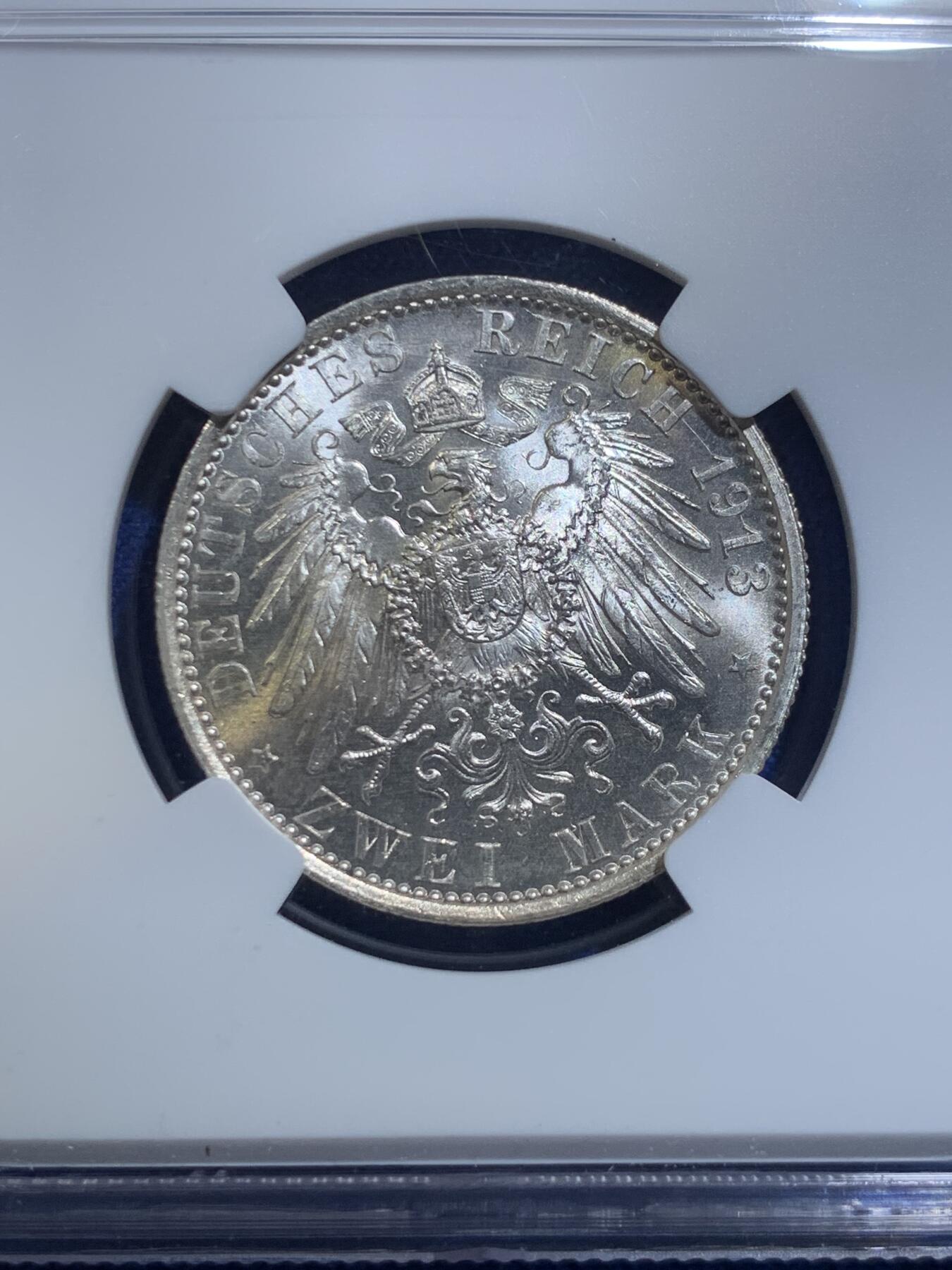 《竞宝斋》第279场- 周日，周一 ，周二3场连拍 （全场包邮） NGC MS64 德国1913年普鲁士威廉二世戎装登基25周年纪念2马克银币