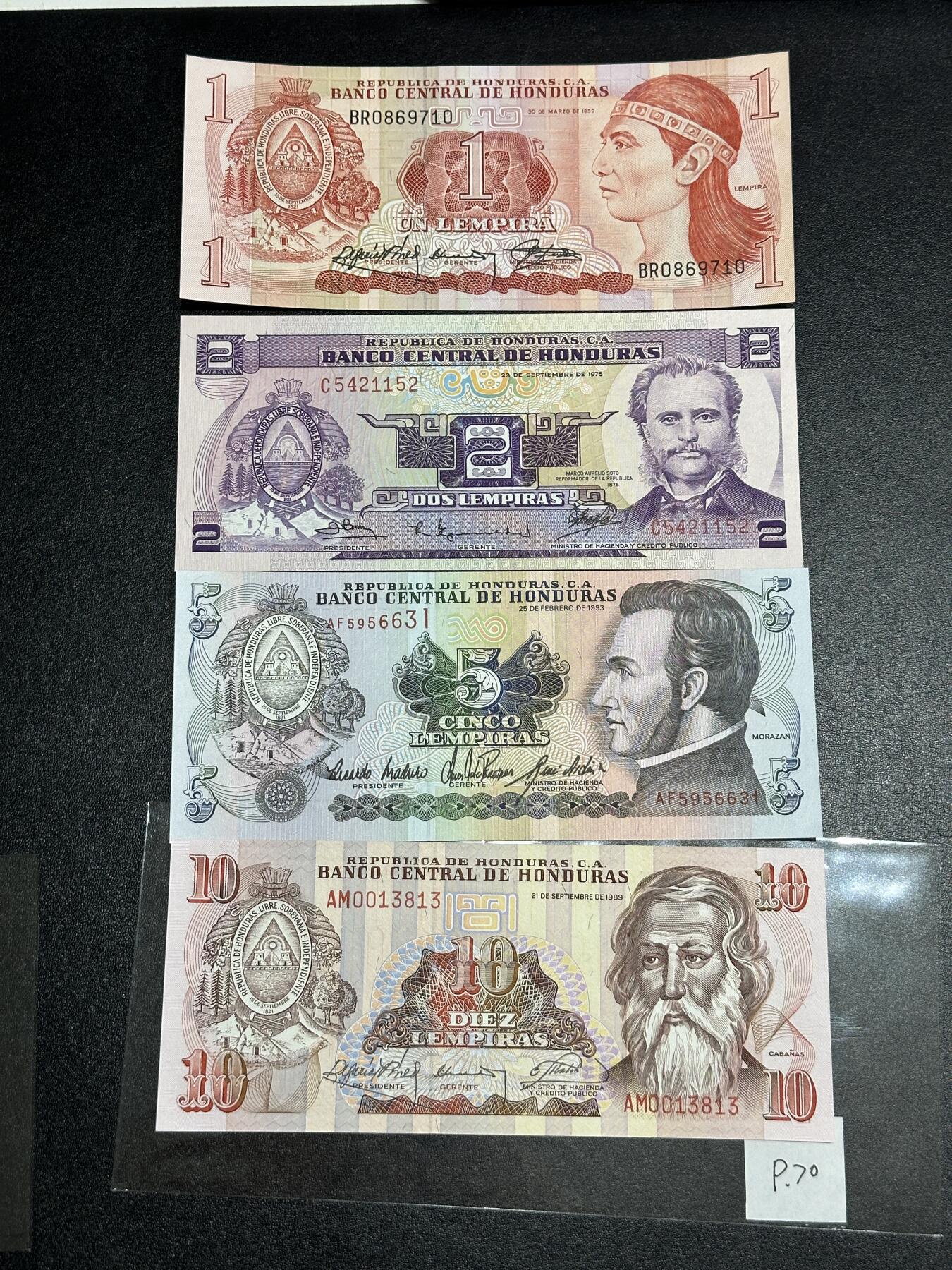 《外钞收藏家》第三百八十一期（美洲小专场） 洪都拉斯1976-1989年小套4枚，1/2/5/10元，其中2元为纪念钞	P61-70  全新UNC