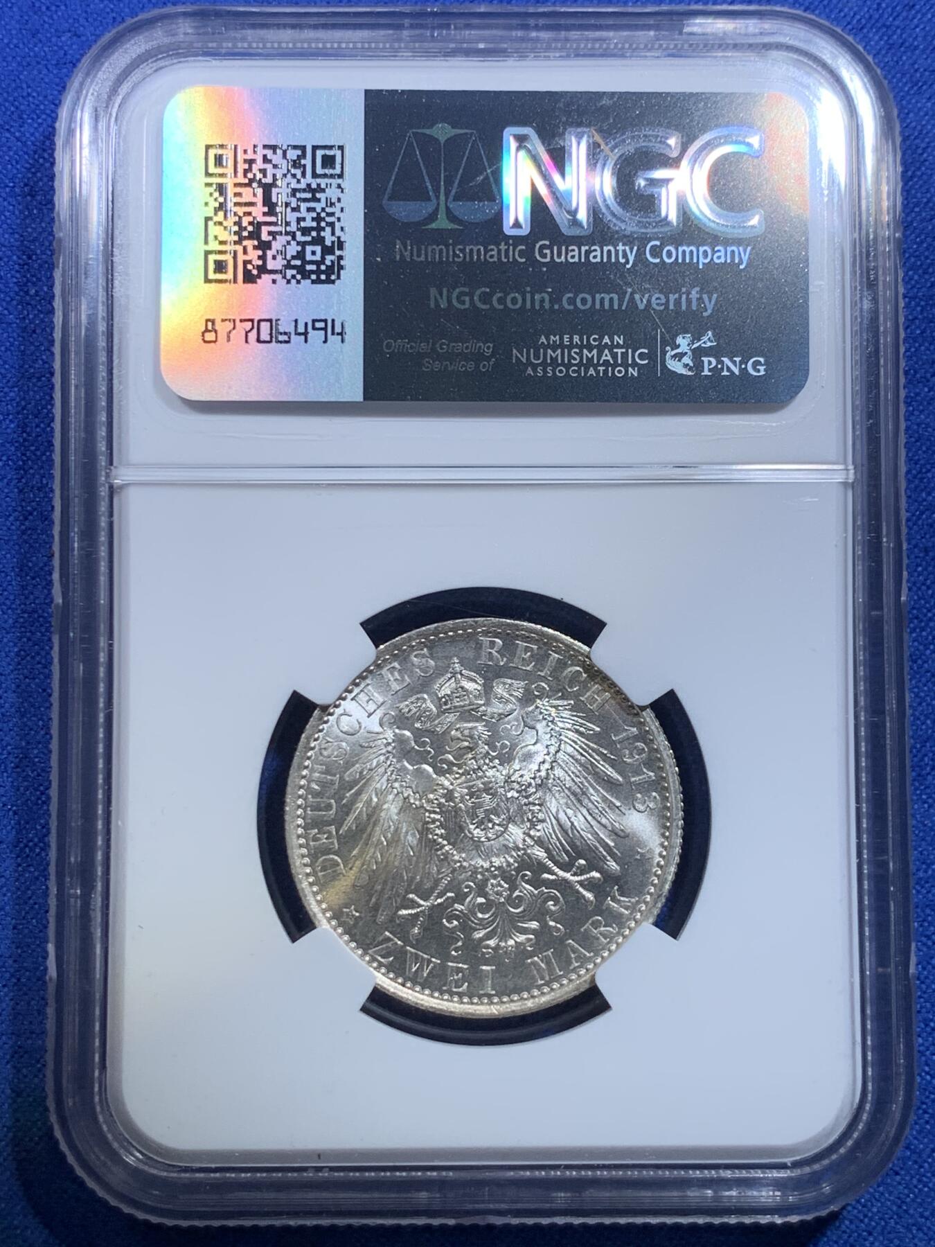 《竞宝斋》第279场- 周日，周一 ，周二3场连拍 （全场包邮） NGC MS64 德国1913年普鲁士威廉二世戎装登基25周年纪念2马克银币