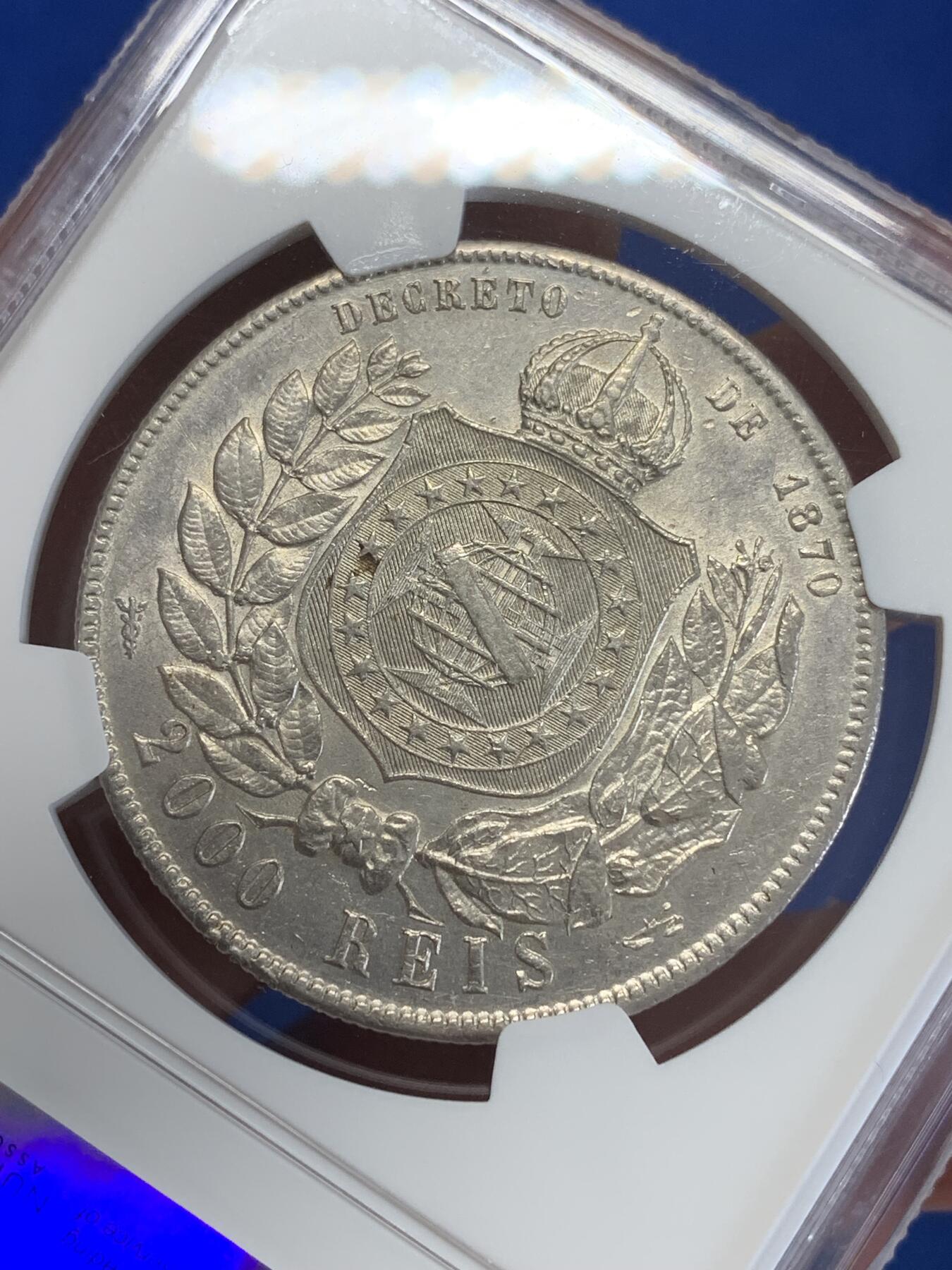 《竞宝斋》第279场- 周日，周一 ，周二3场连拍 （全场包邮） NGC AU 巴西帝国1888年佩德罗二世像2000瑞斯大银币，字口好，带光品相，大热吉祥年。