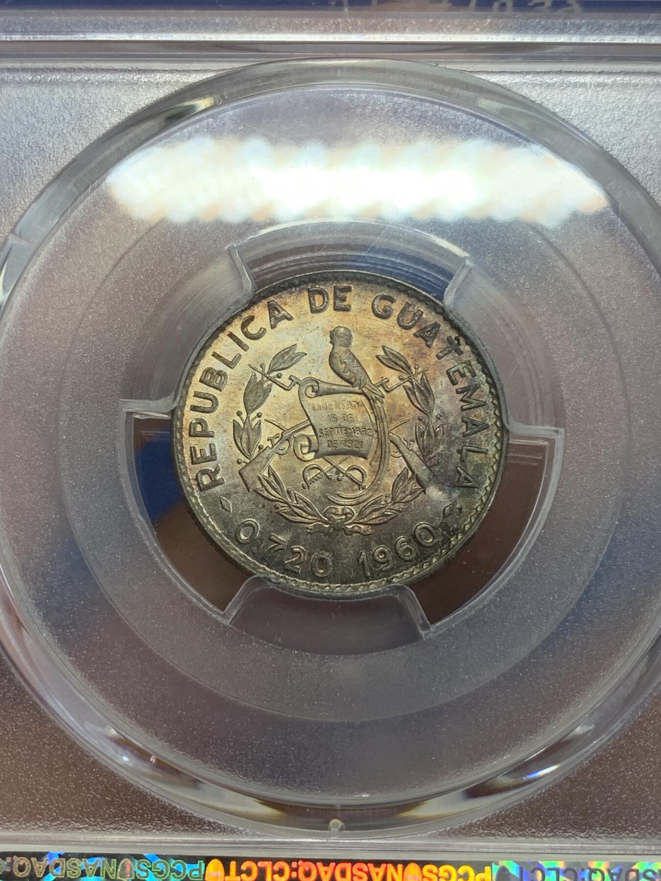 《竞宝斋》第279场- 周日，周一 ，周二3场连拍 （全场包邮） PCGS-MS65 危地马拉 1960年 10分银币 PC唯一冠军分双面炫五彩包浆状态顶尖。